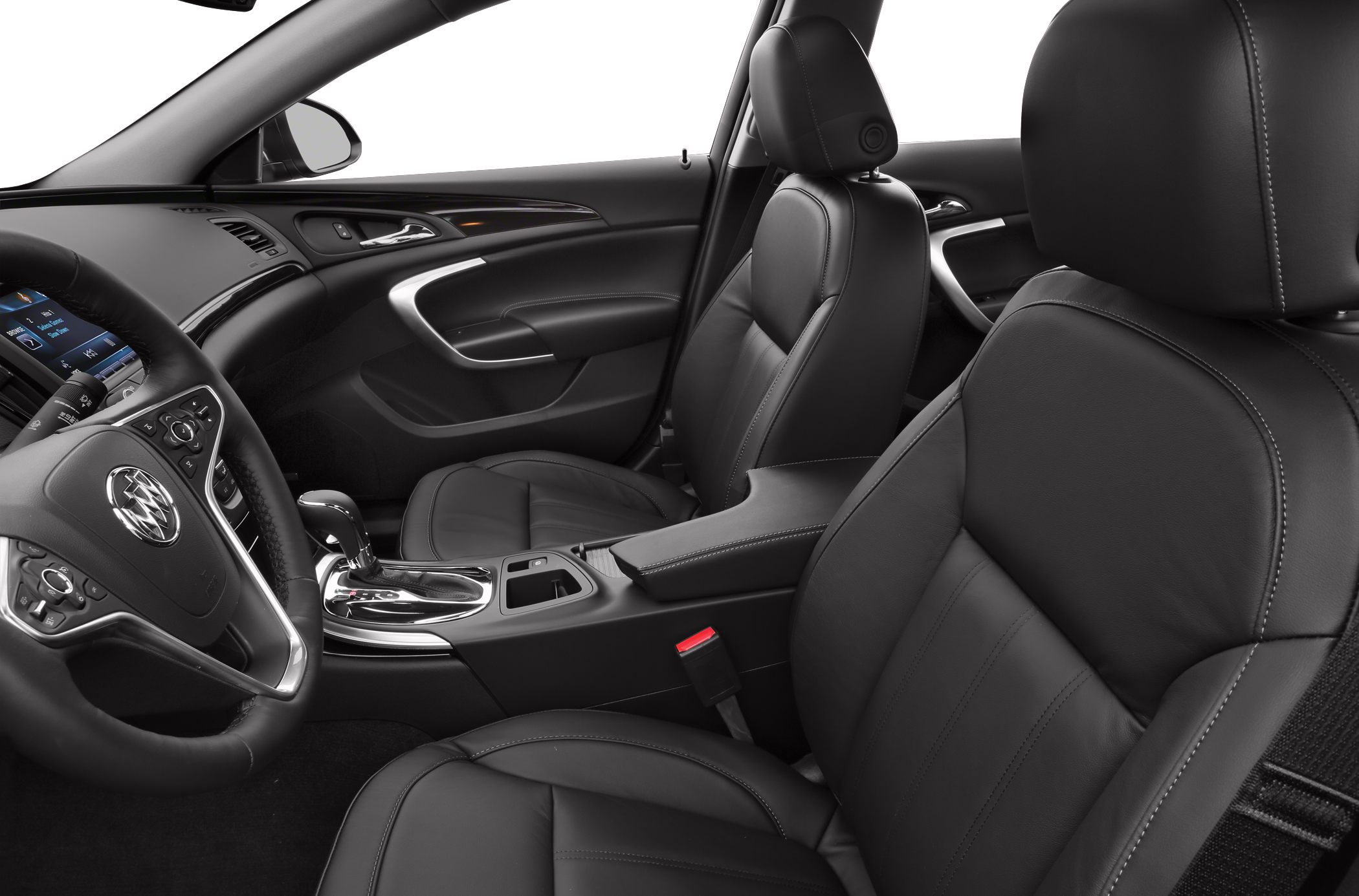 Black leather seats with ergonomic stitching and chrome center console