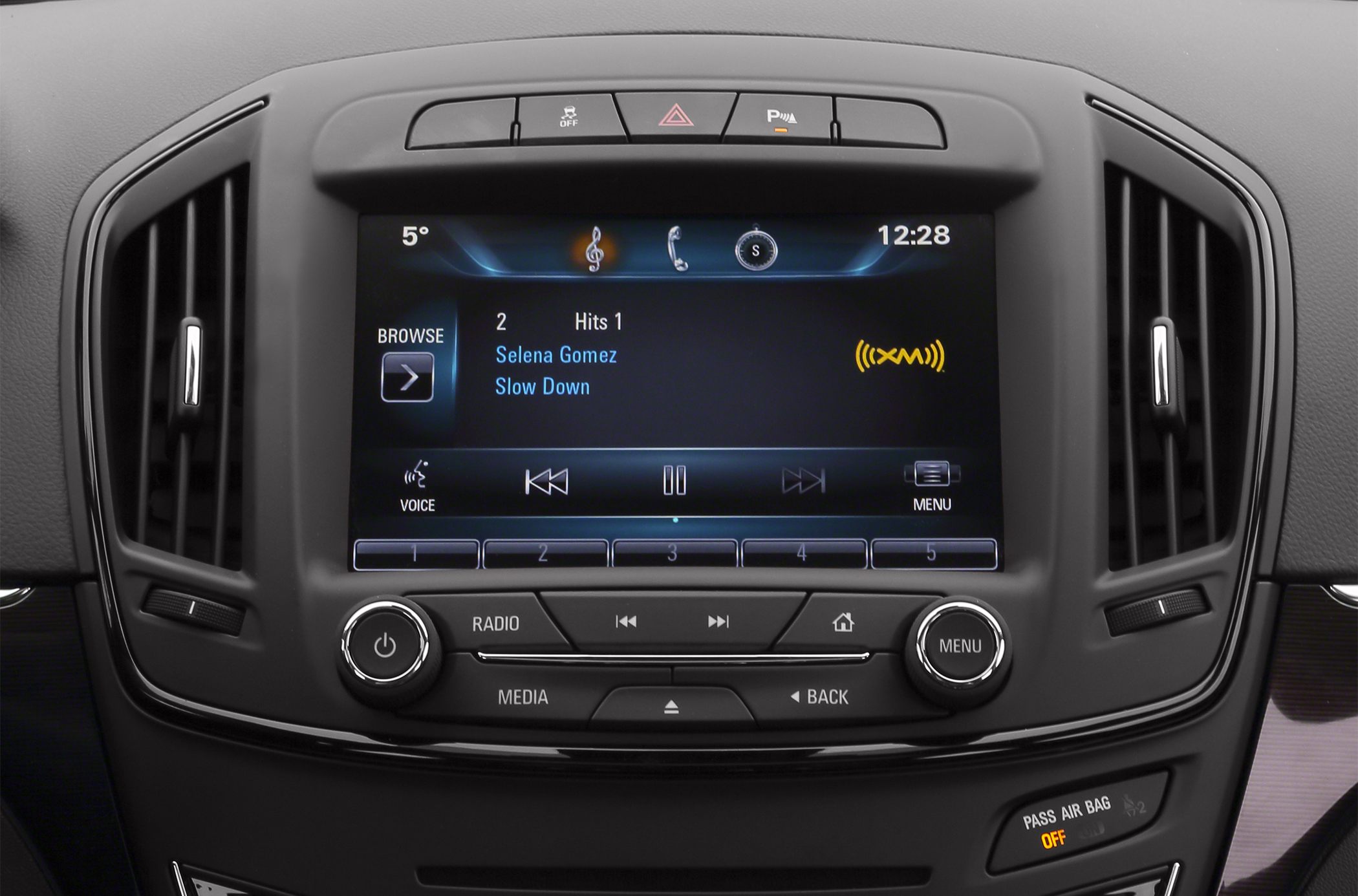 Car infotainment system screen with media controls and air vents