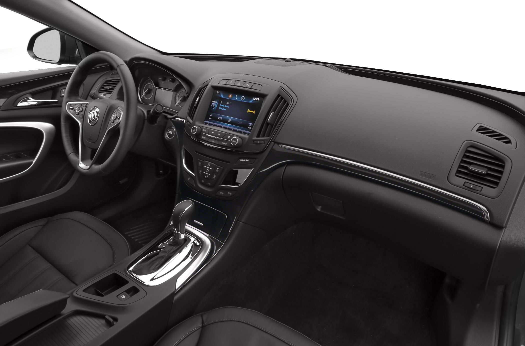 Modern car interior with infotainment and automatic gear shift