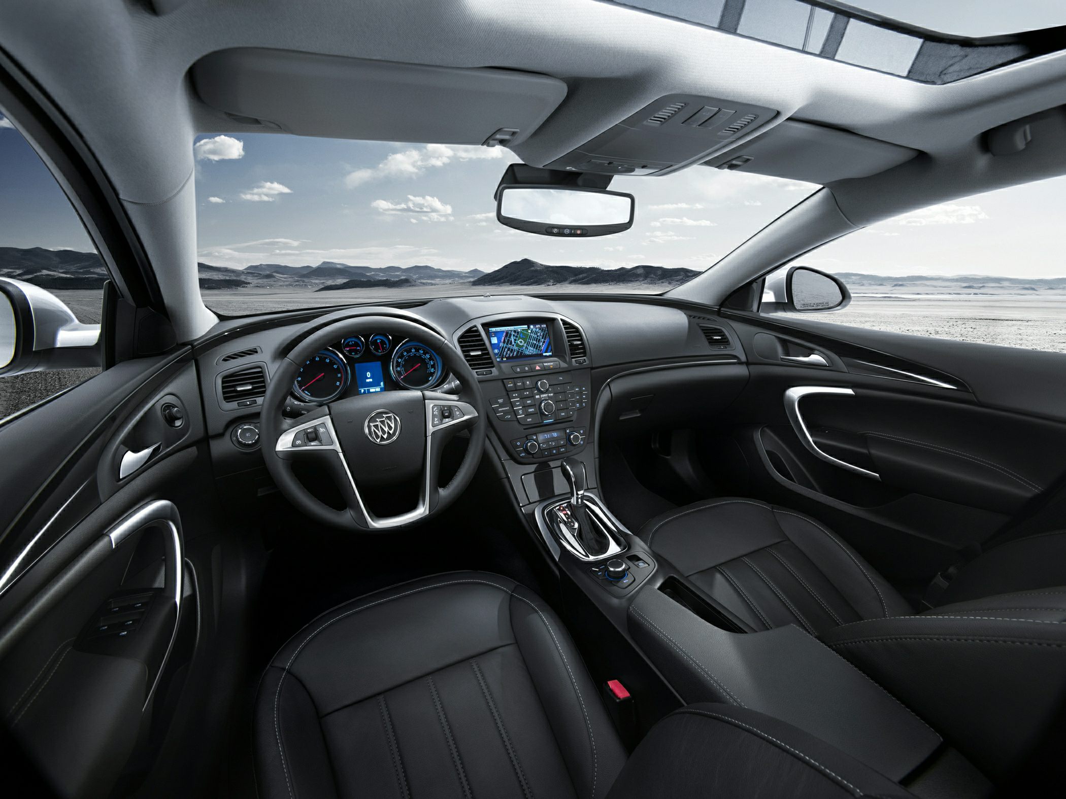 Luxury sedan interior with dashboard and navigation display
