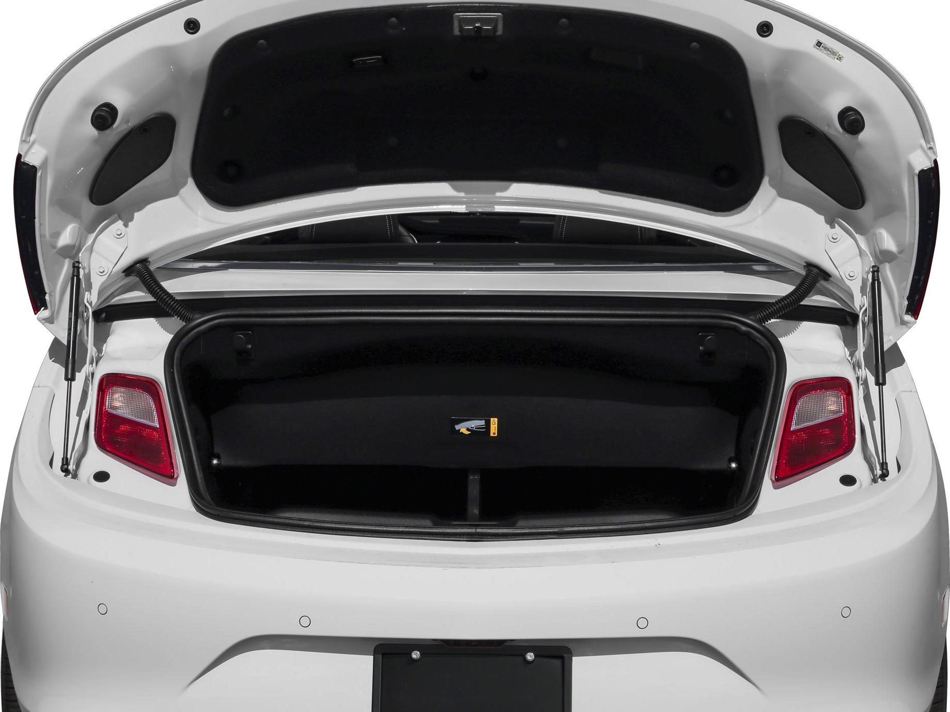 Open trunk of a white convertible with taillights visible