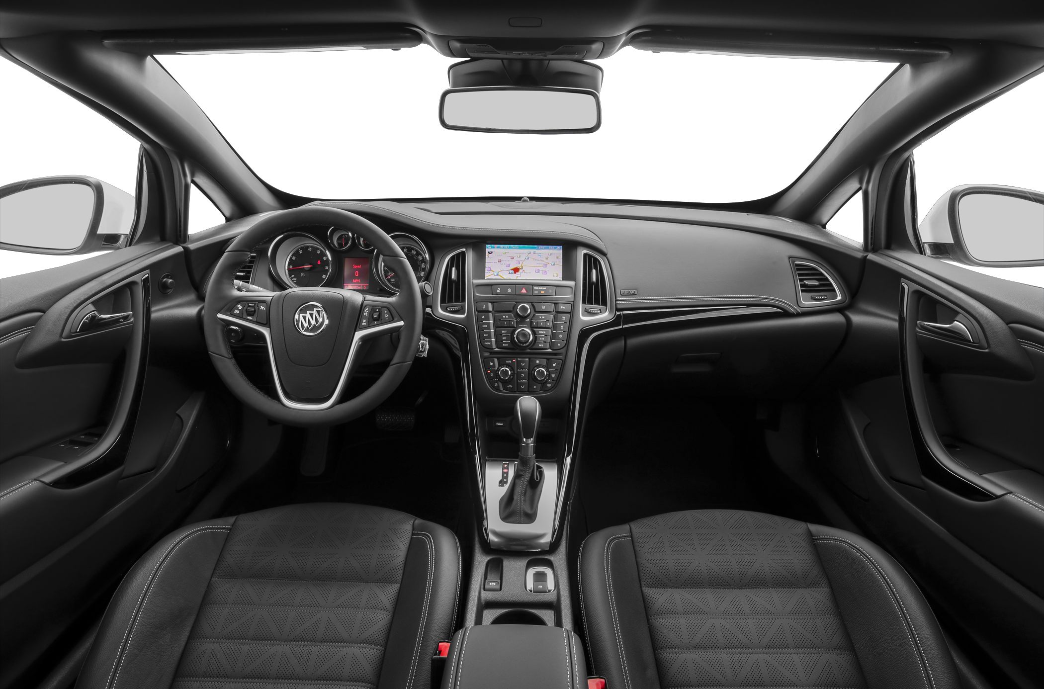 Steering wheel, dashboard with infotainment screen, automatic gear shifter, front seats interior