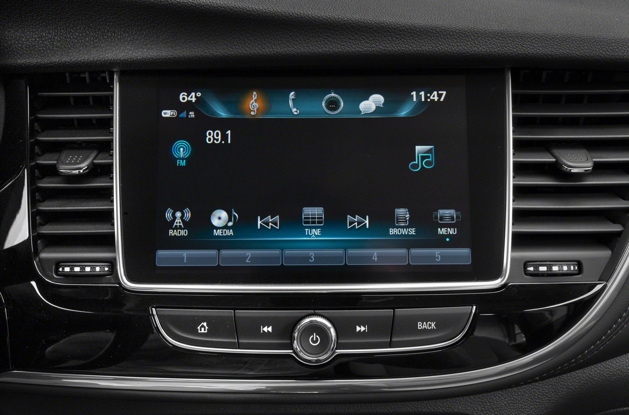 Touchscreen car infotainment system with radio and media controls