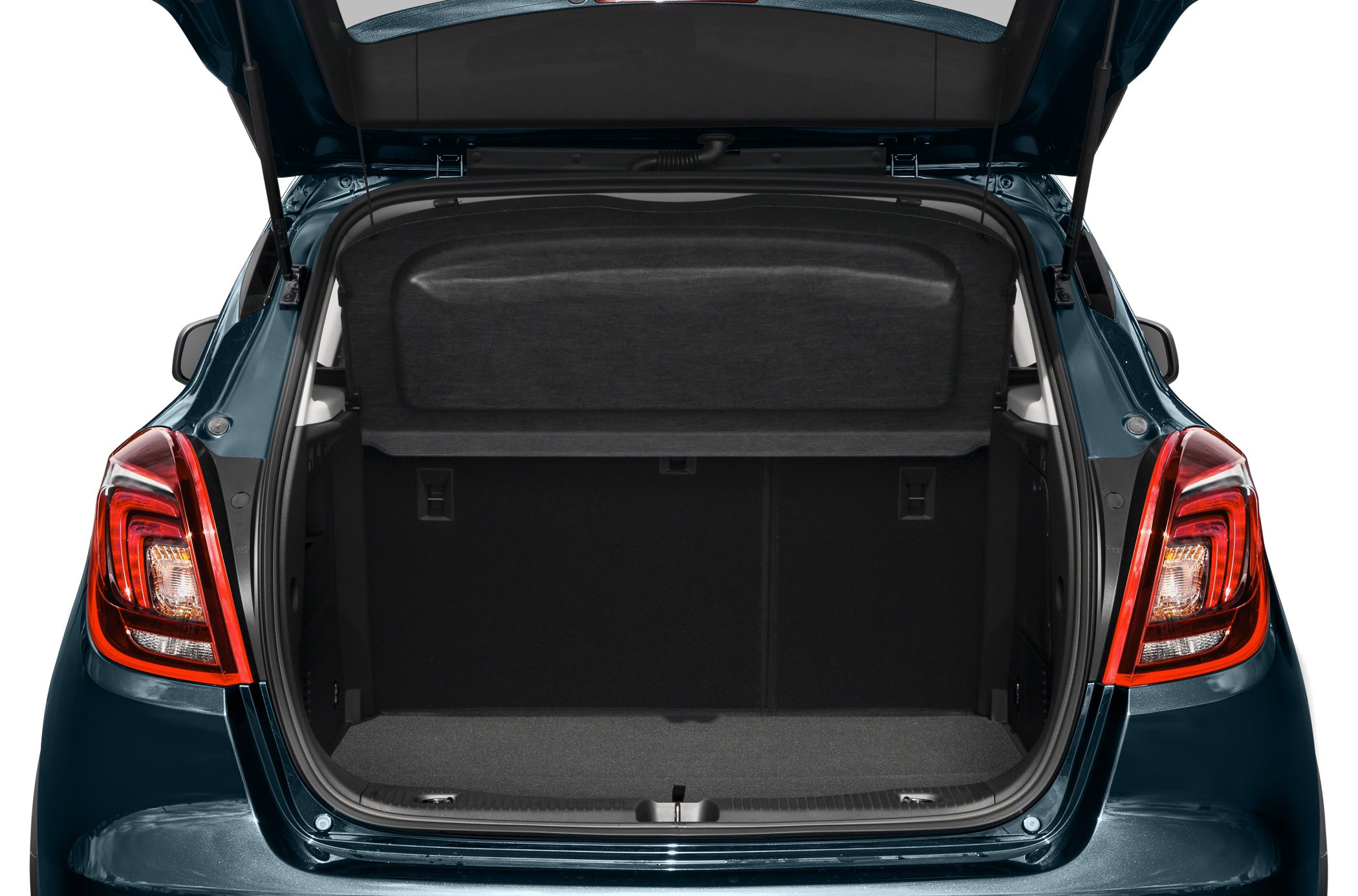 Open rear cargo space with protective cover and taillights