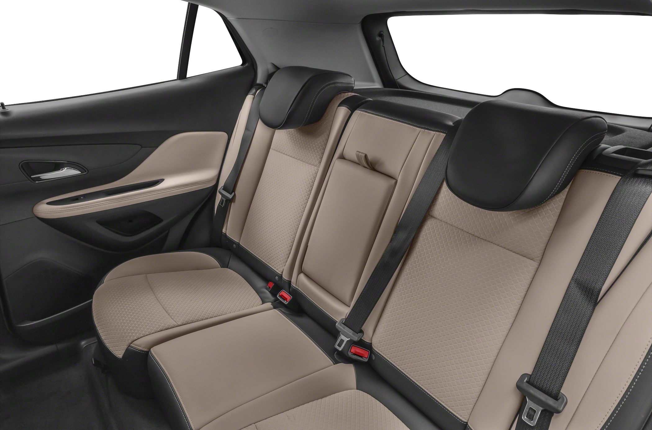 Beige and black rear seats with quilted pattern and headrests