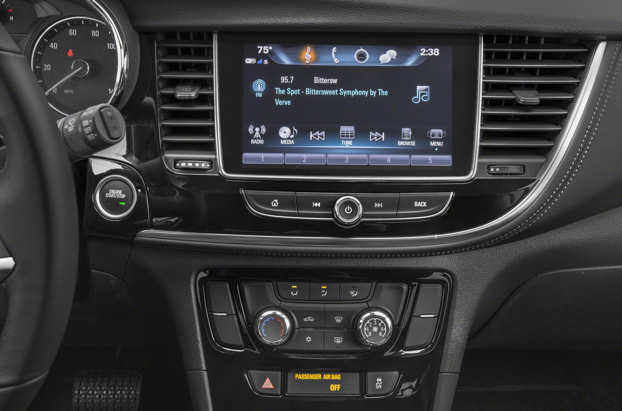 Touchscreen infotainment and climate control panel with engine start/stop button