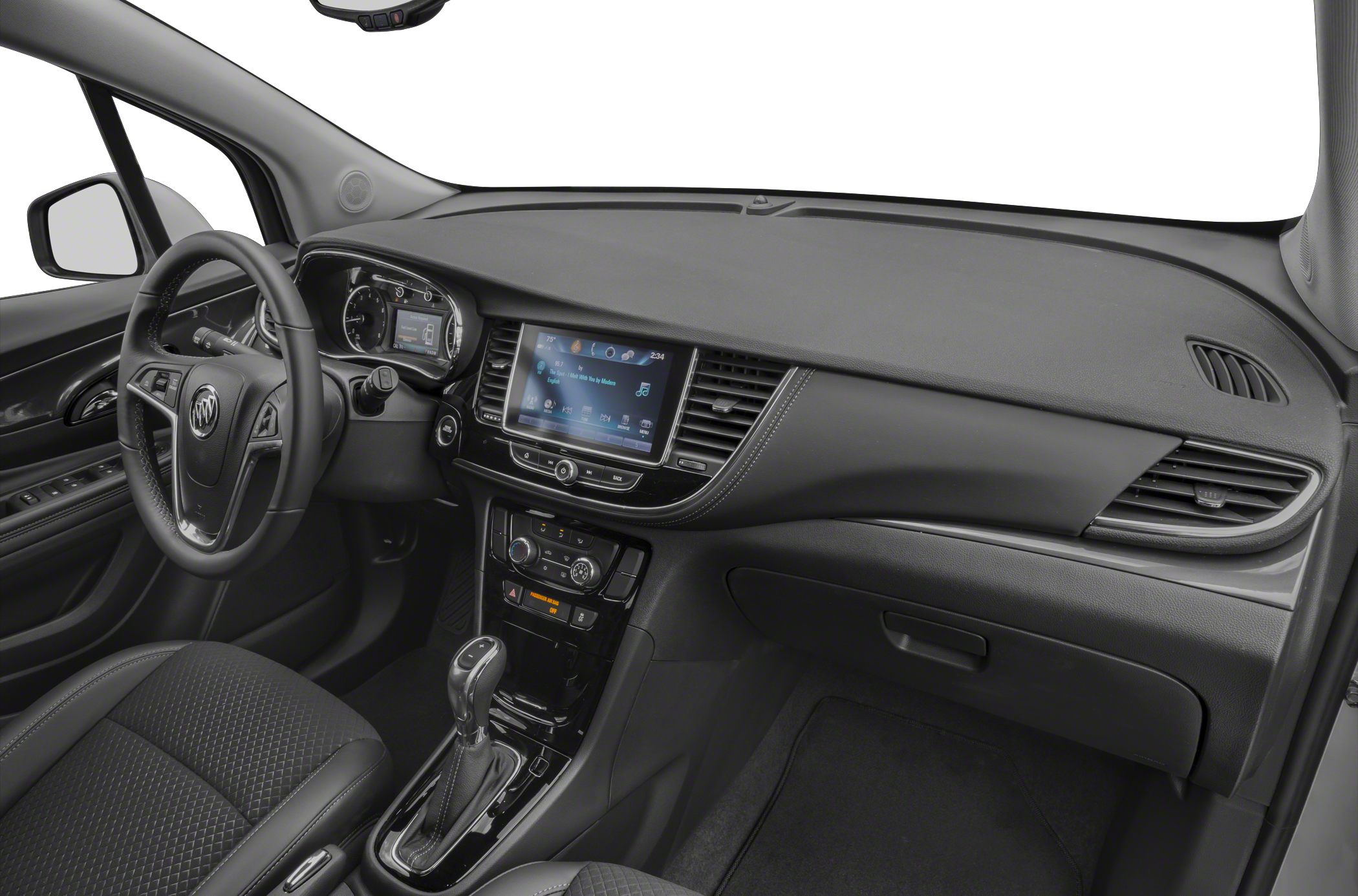 Dashboard, steering wheel, infotainment system, and climate control