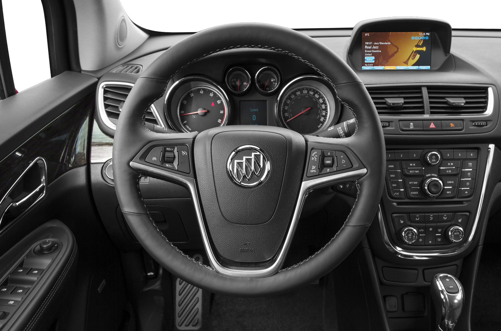 Steering wheel with controls, instrument cluster, center console display