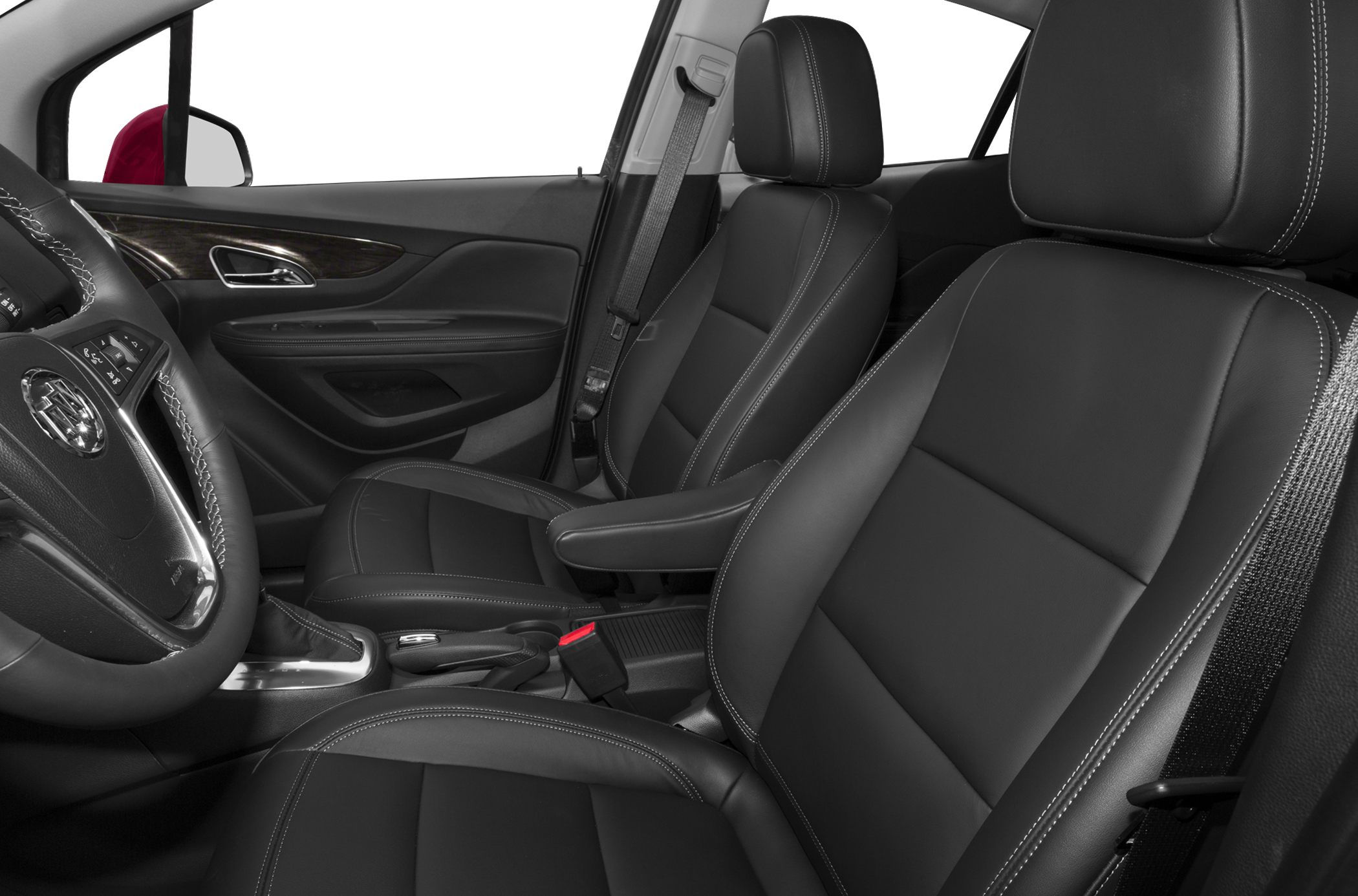 Black leather front seats with detailed stitching and armrest