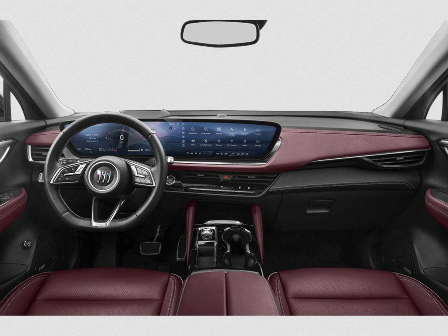 Dual digital displays and burgundy leather interior with modern dashboard controls