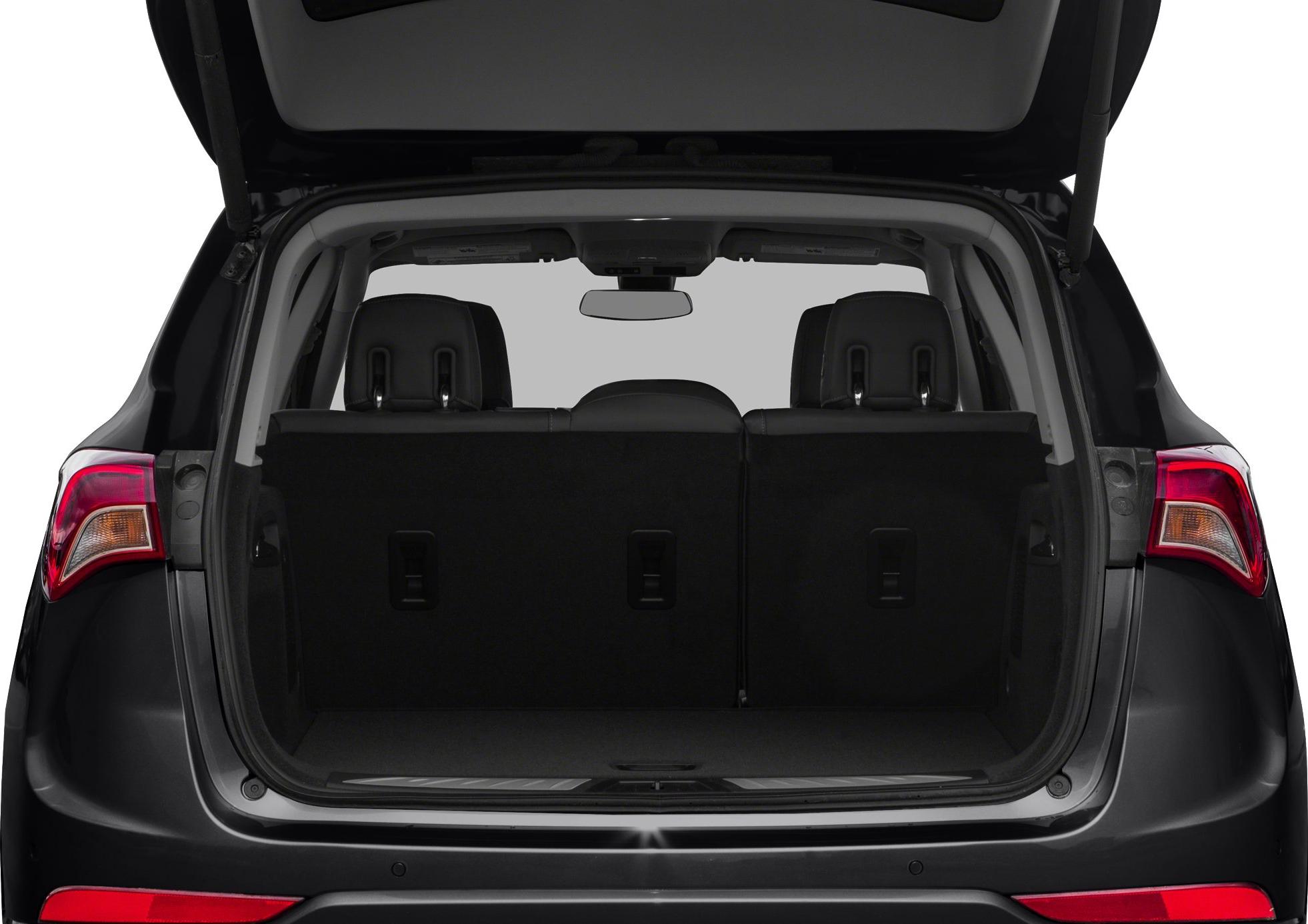 Open rear hatch with visible cargo space and rear seats in an SUV