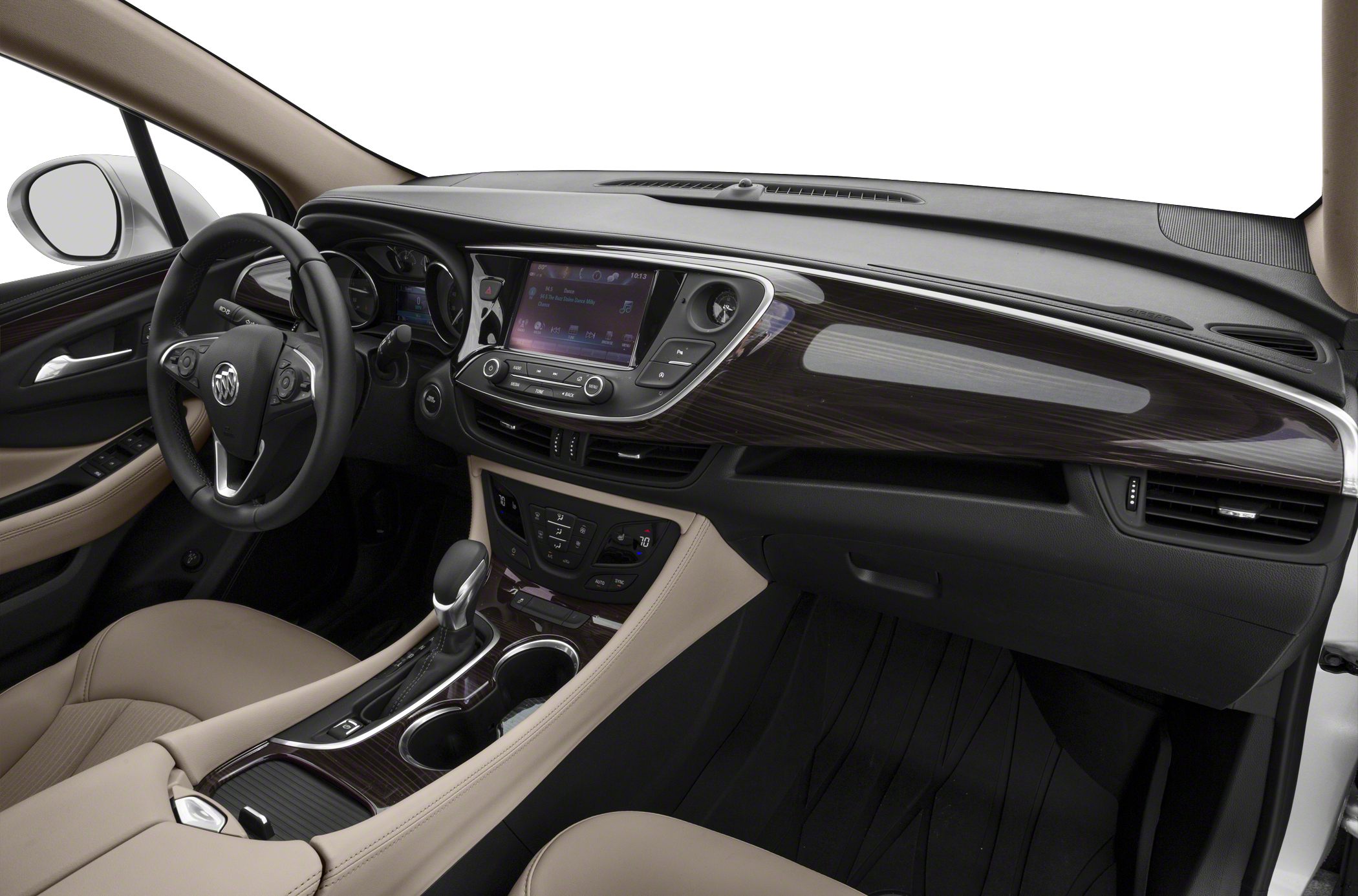 Dashboard and center console with infotainment system and beige leather seats