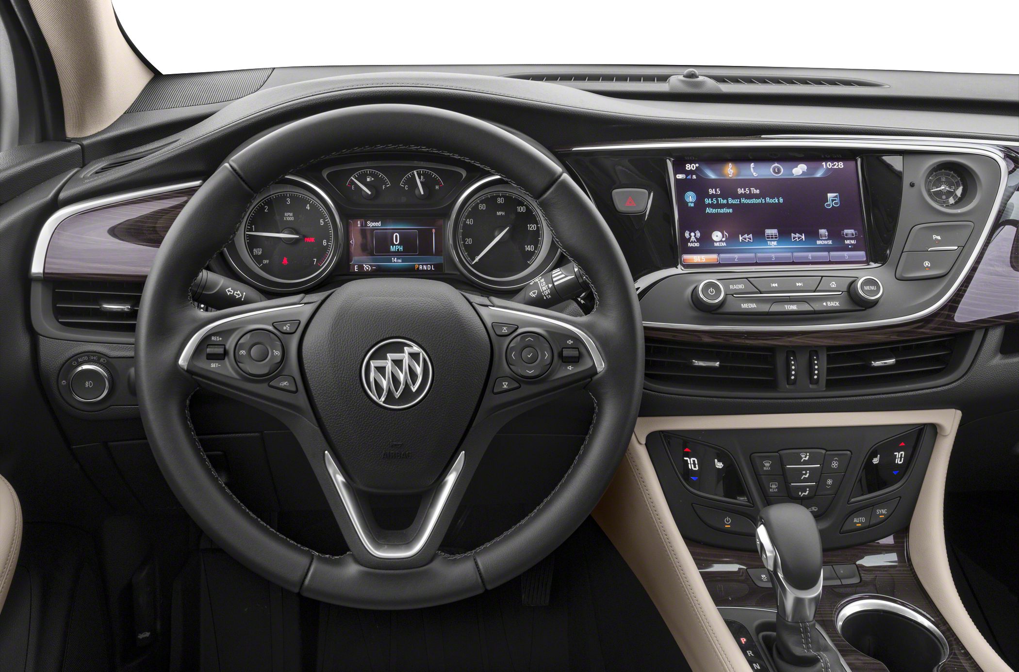 Dashboard and steering wheel with infotainment and climate controls
