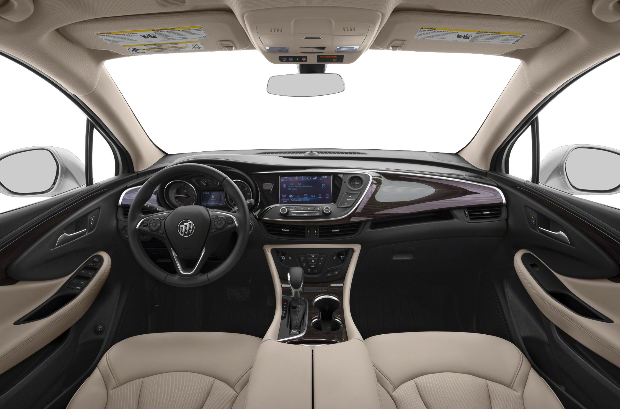 Dashboard, steering wheel, infotainment system, beige leather interior