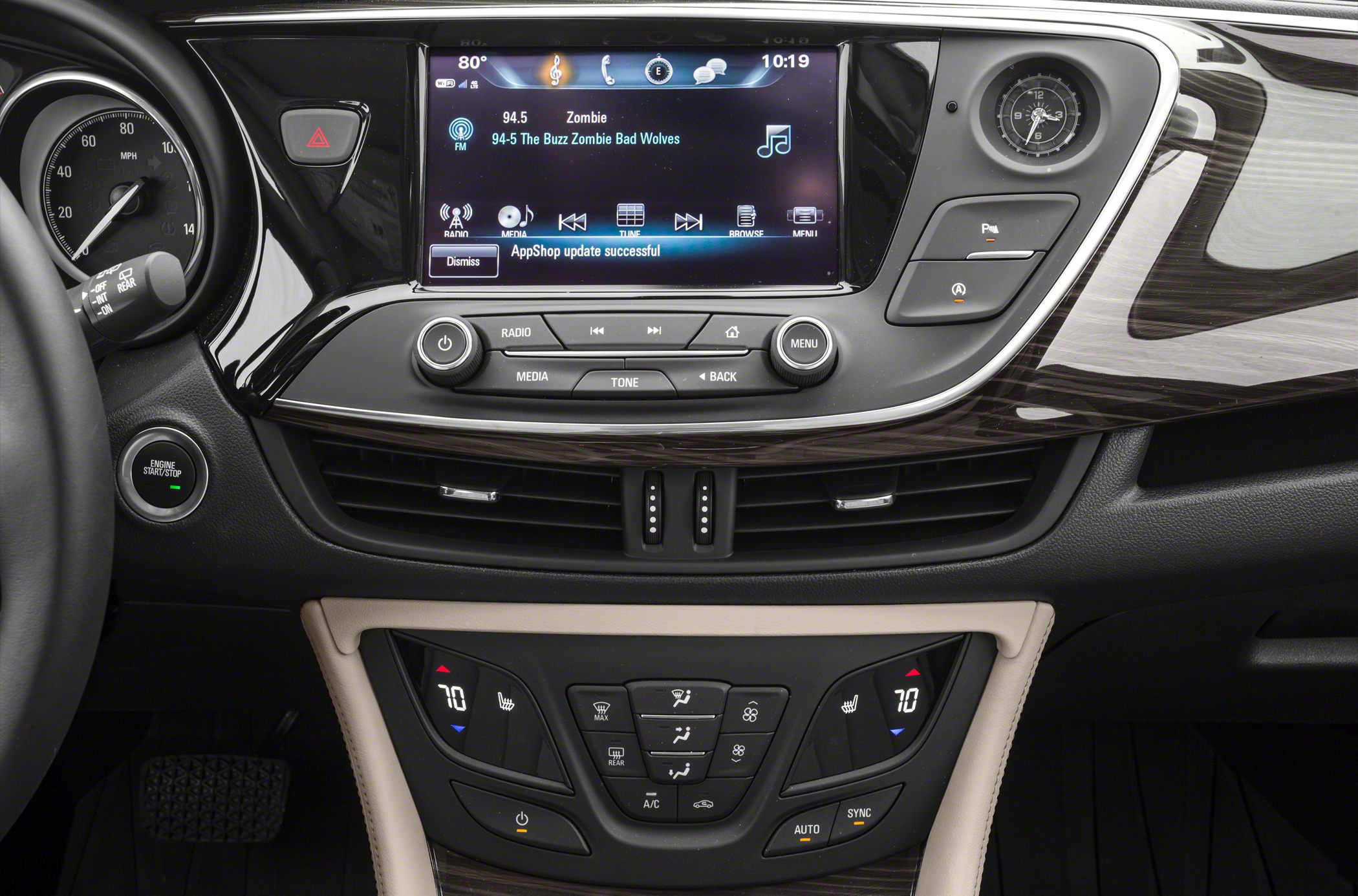 Modern dashboard with touchscreen infotainment and dual-zone climate controls