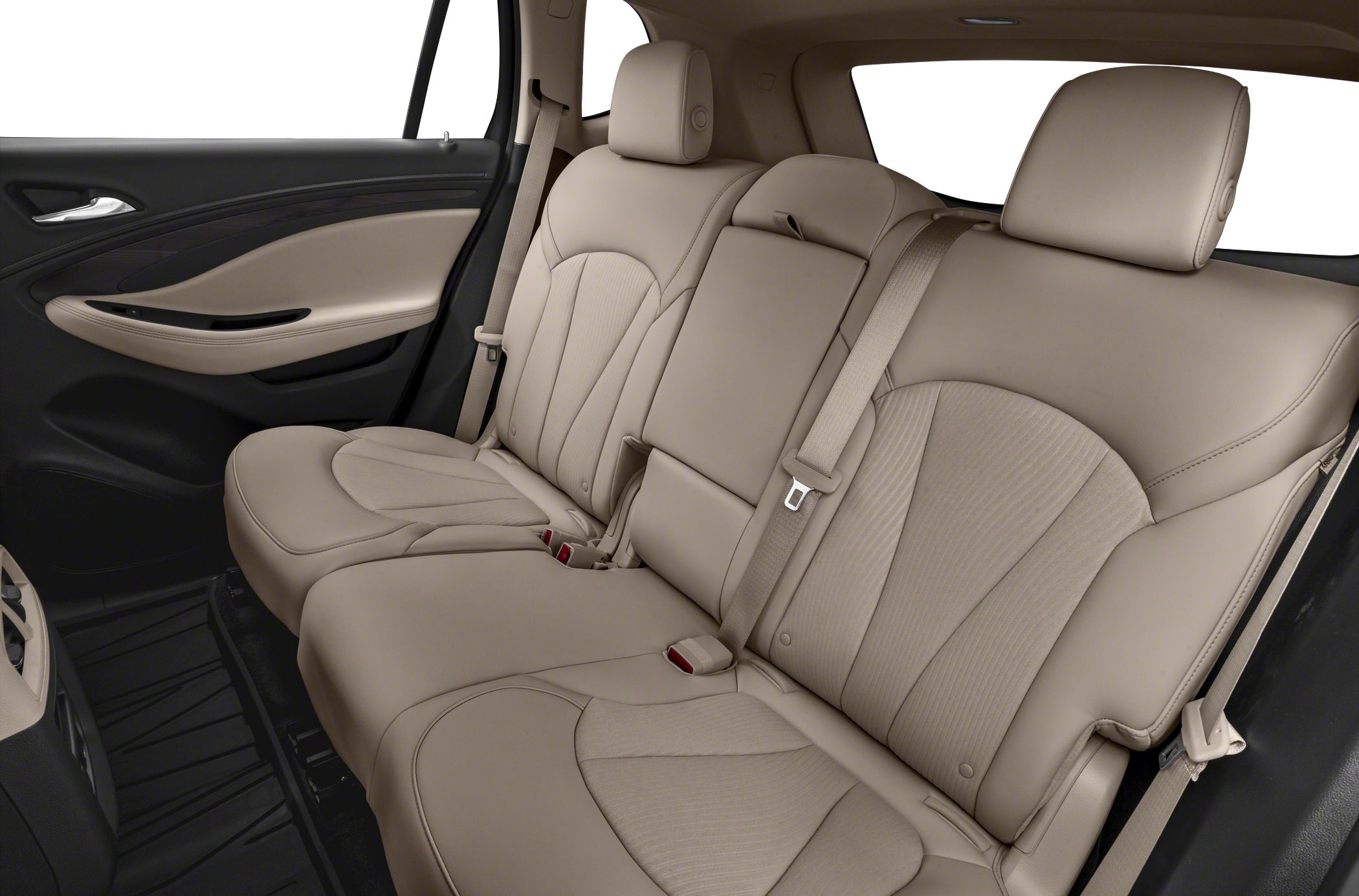 Beige leather rear seats with seatbelts and detailed stitch patterns