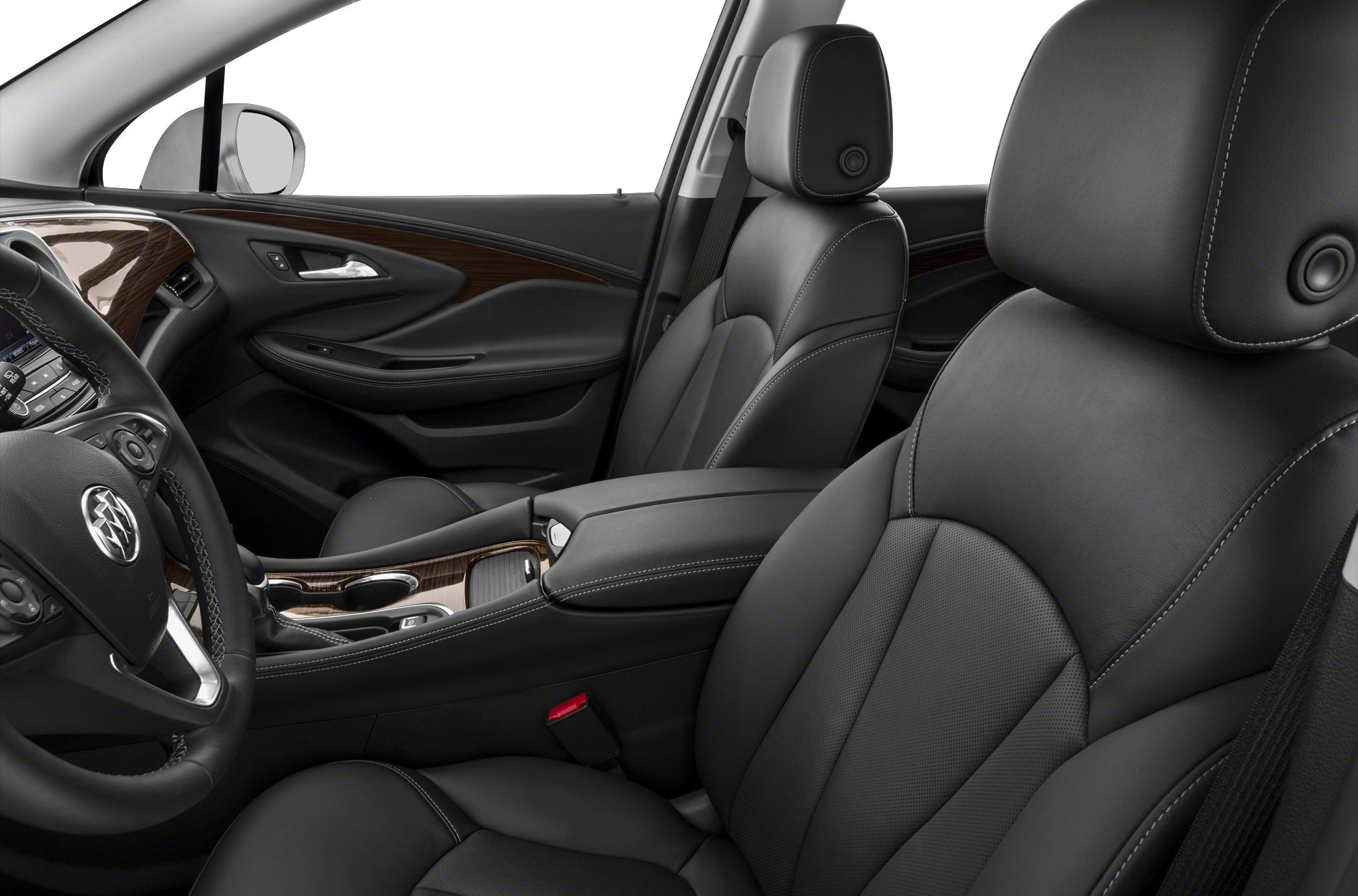 Front interior with black leather seats and wood trim dashboard