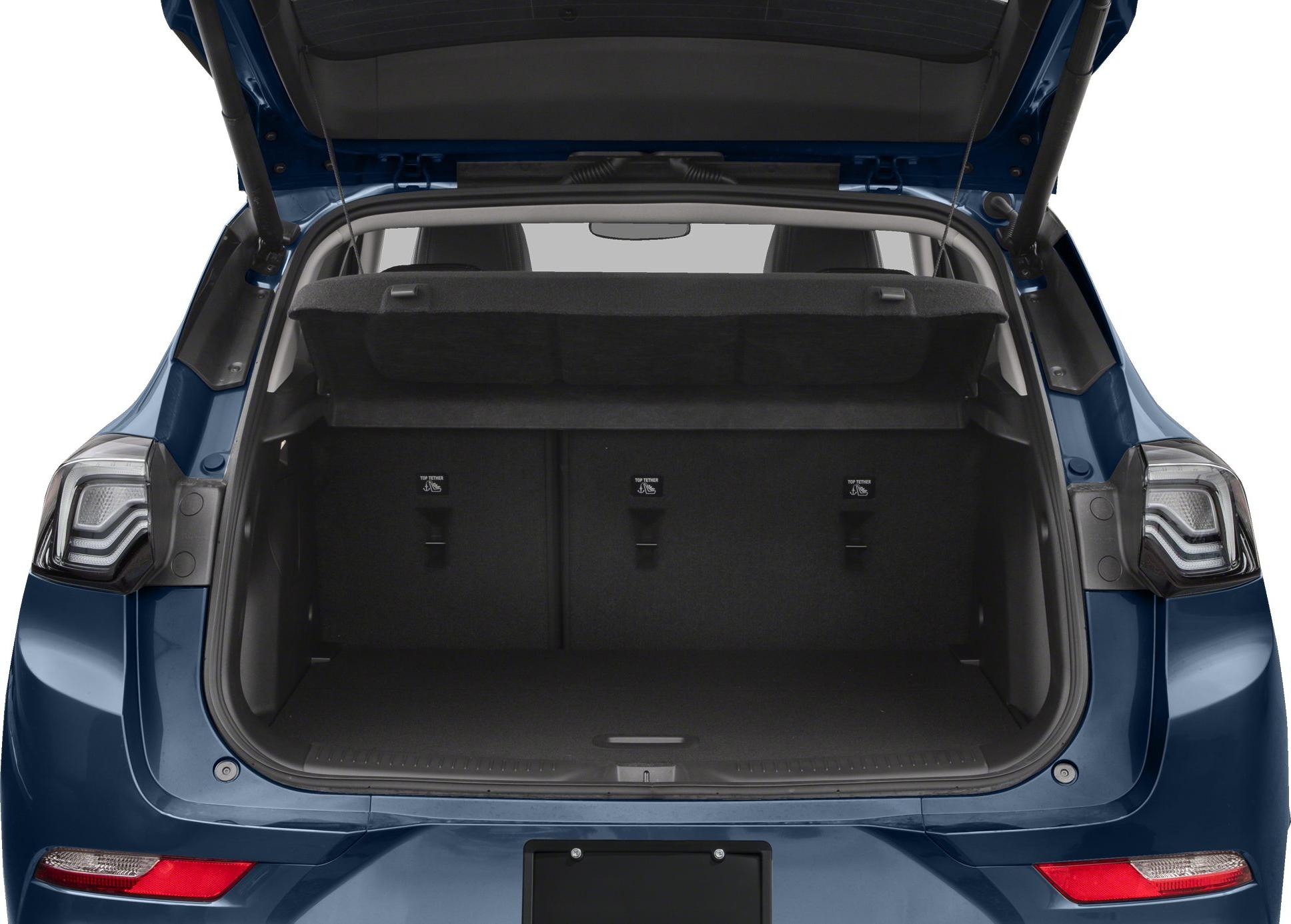Open rear trunk cargo space with tether anchors and folding rear seats