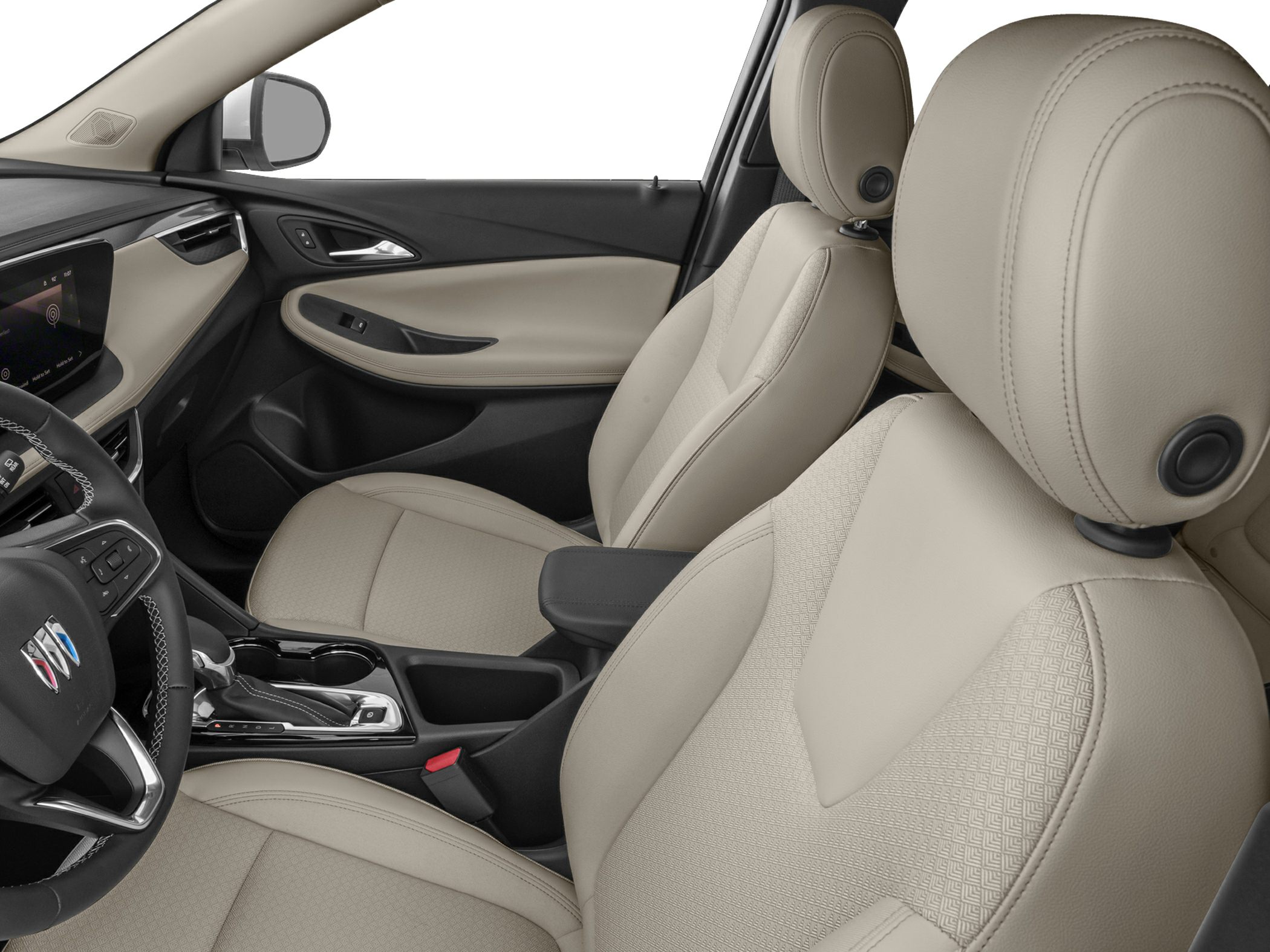 Beige front seats and modern dashboard with center console and gear shift