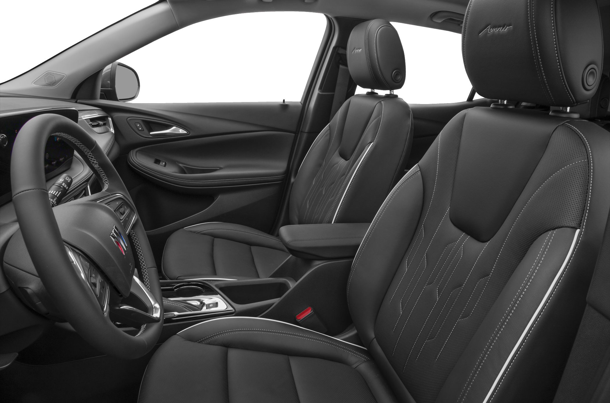 Black leather seats with contrast stitching and ergonomic design