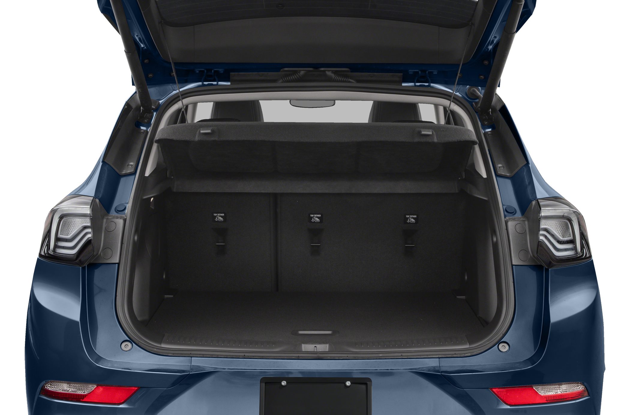 Open rear hatchback trunk with spacious cargo area and seat tether points