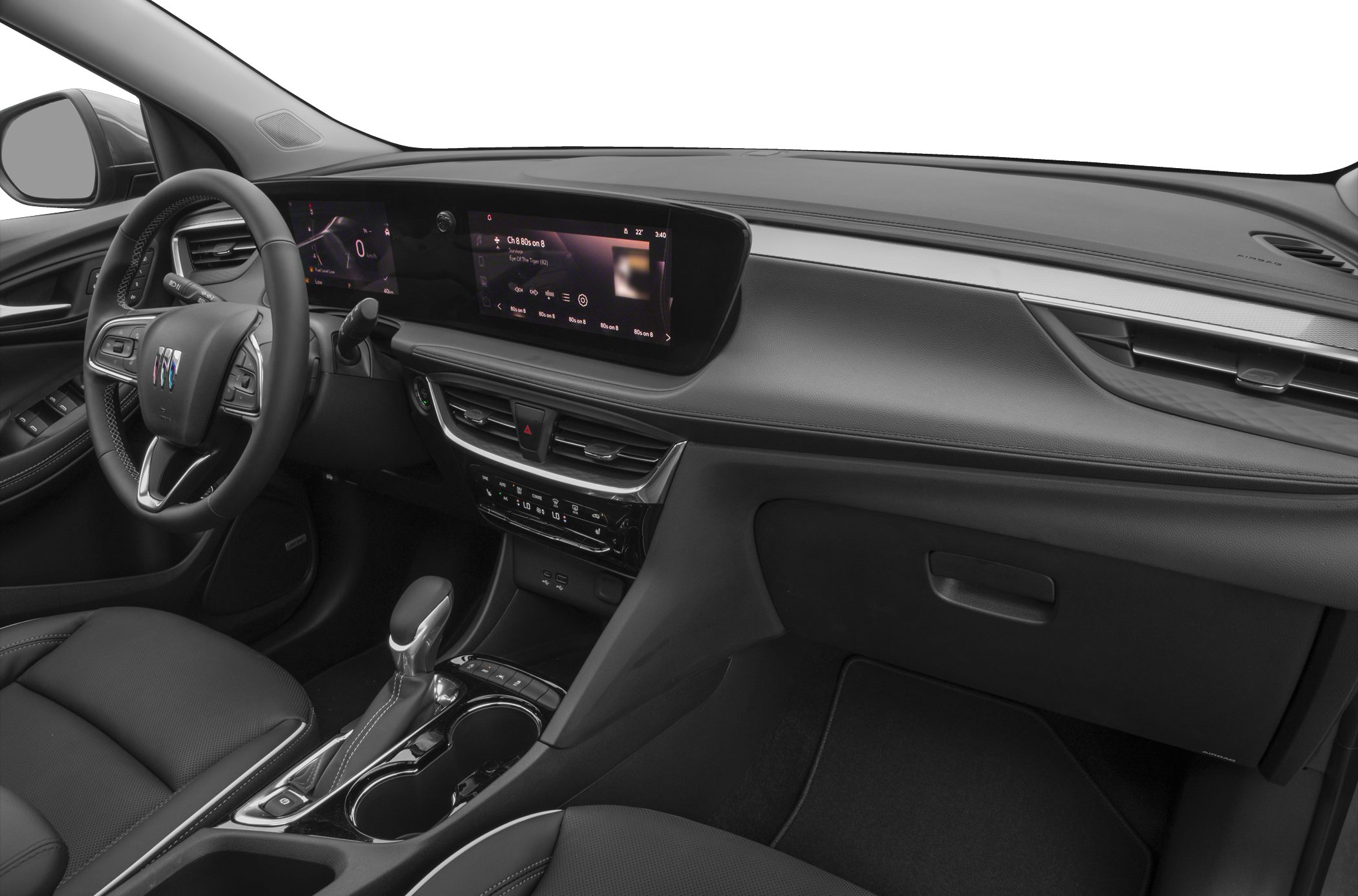 Modern car interior with dual digital displays and a central console
