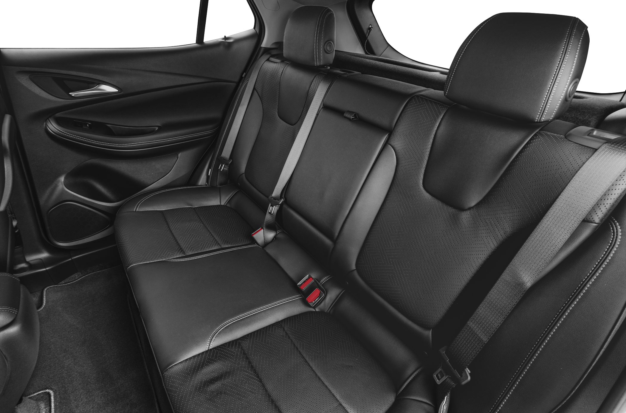 Black leather rear seat with stitching and seat belts