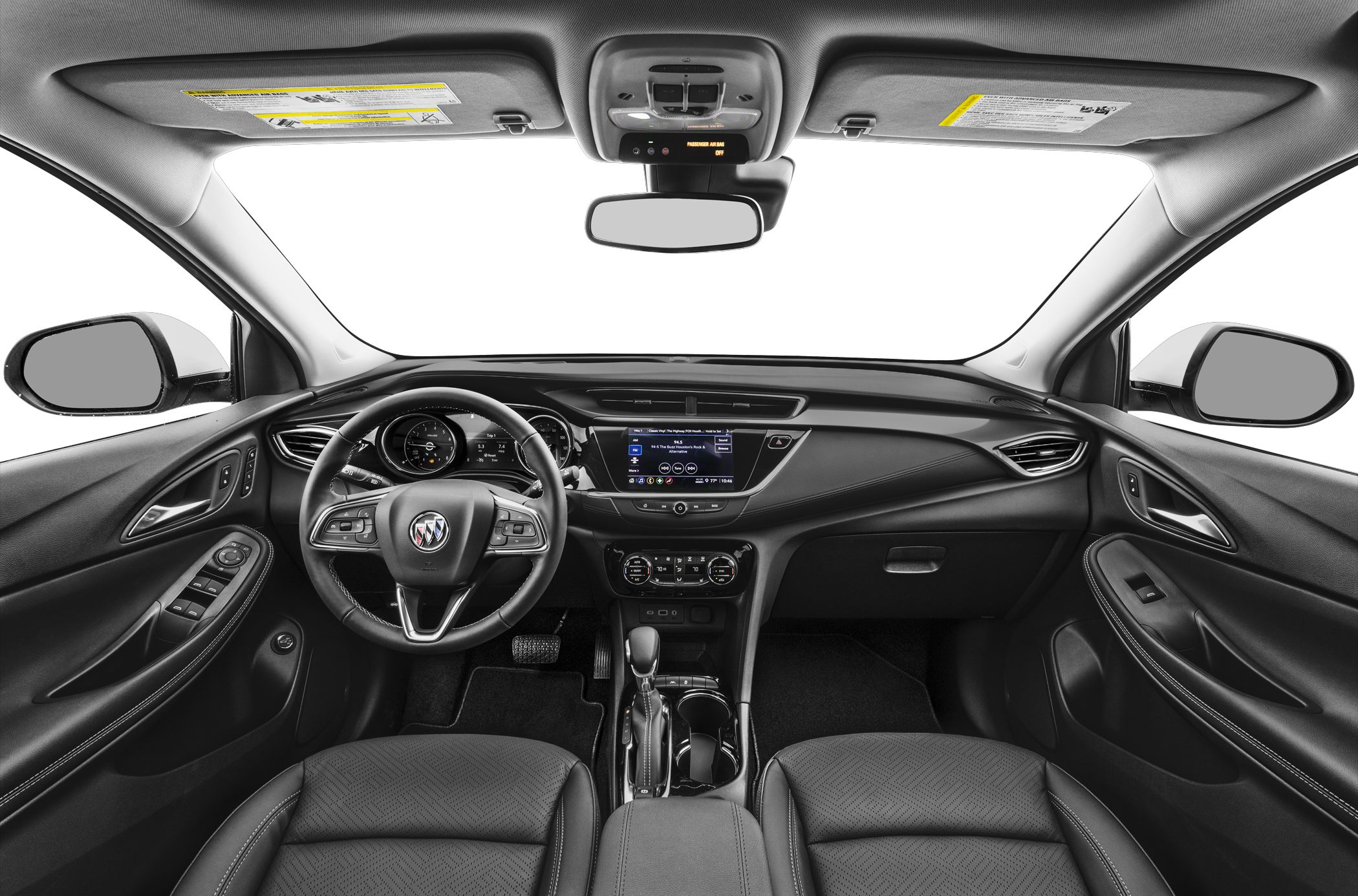 Interior dashboard and steering wheel with touchscreen and controls