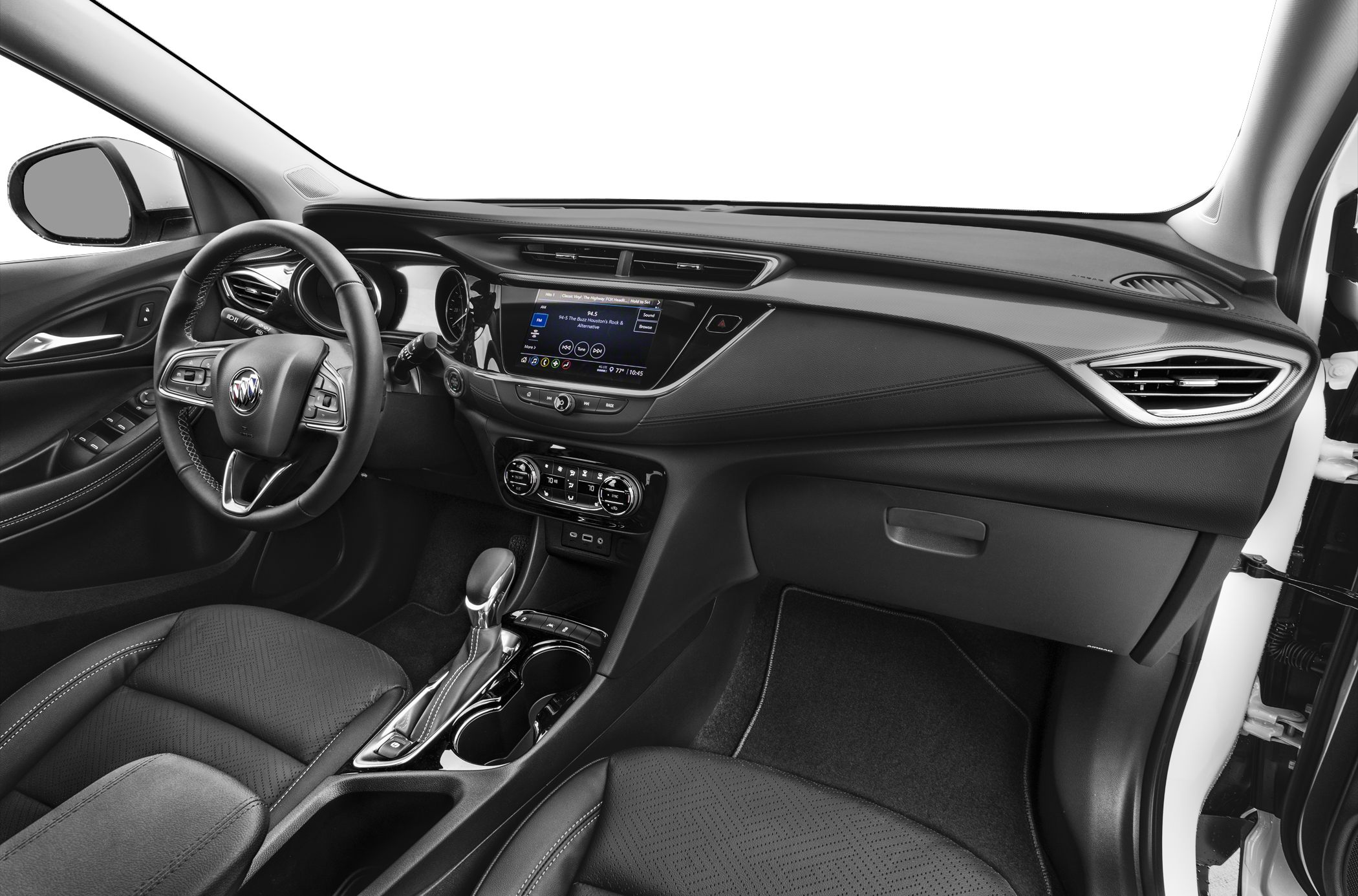 Dashboard with infotainment and steering wheel in modern car interior