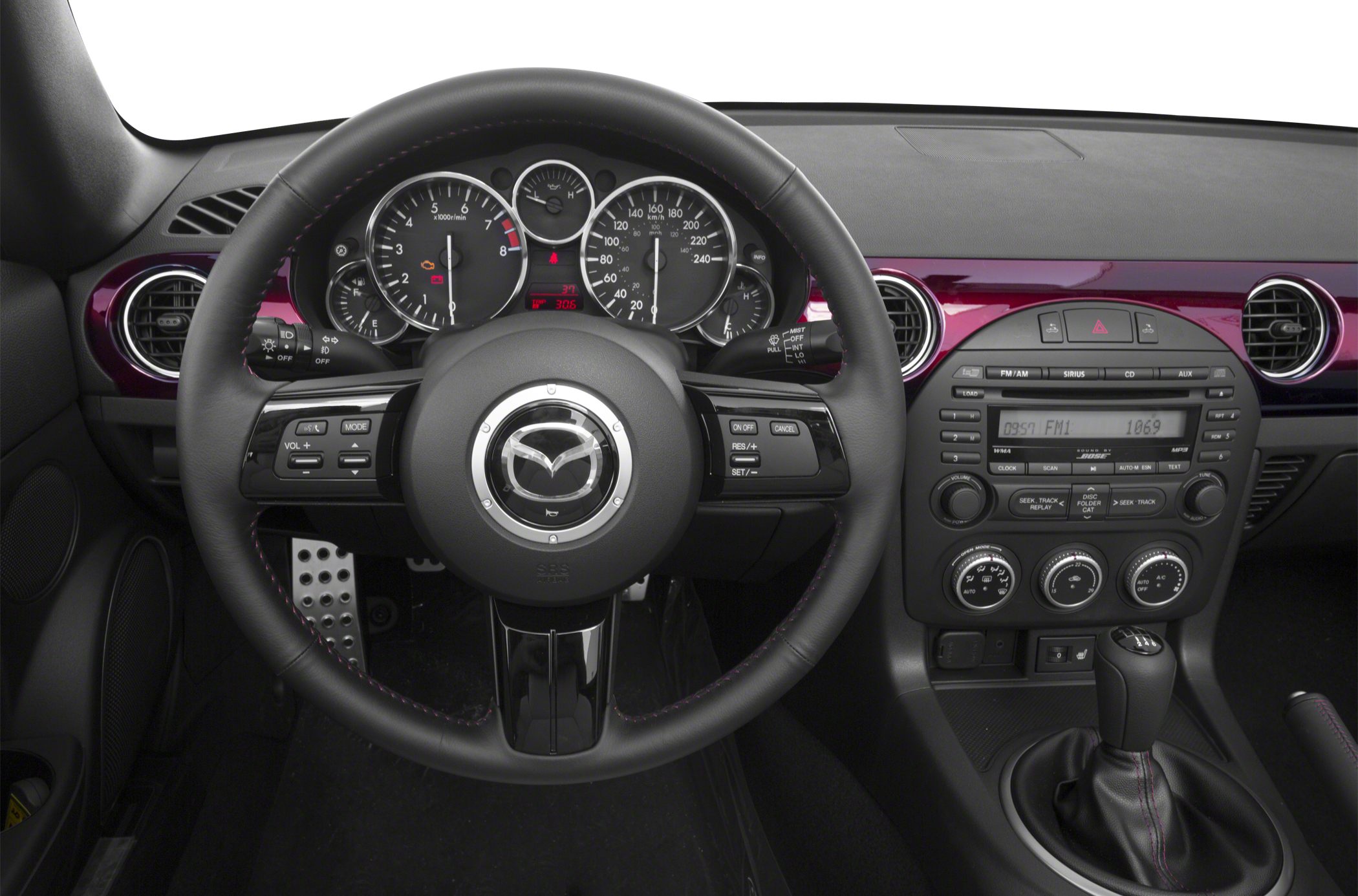 Steering wheel and dashboard details with instrument cluster and manual gear shift