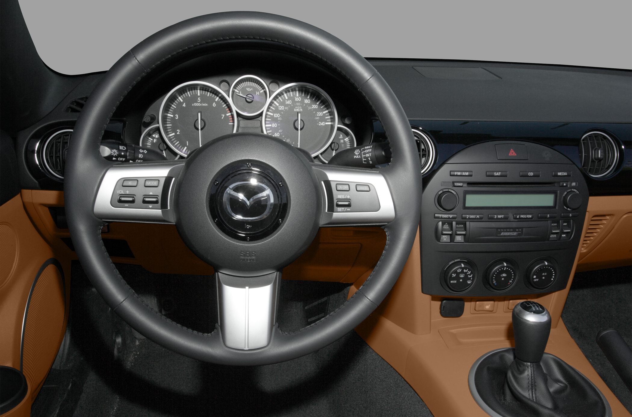 Steering wheel, dashboard cluster, and manual gear shift interior elements