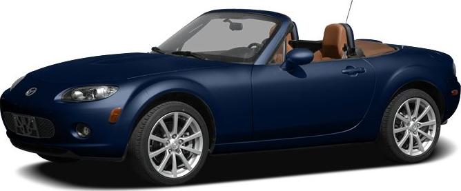Blue convertible roadster with tan leather interior, sleek side profile.