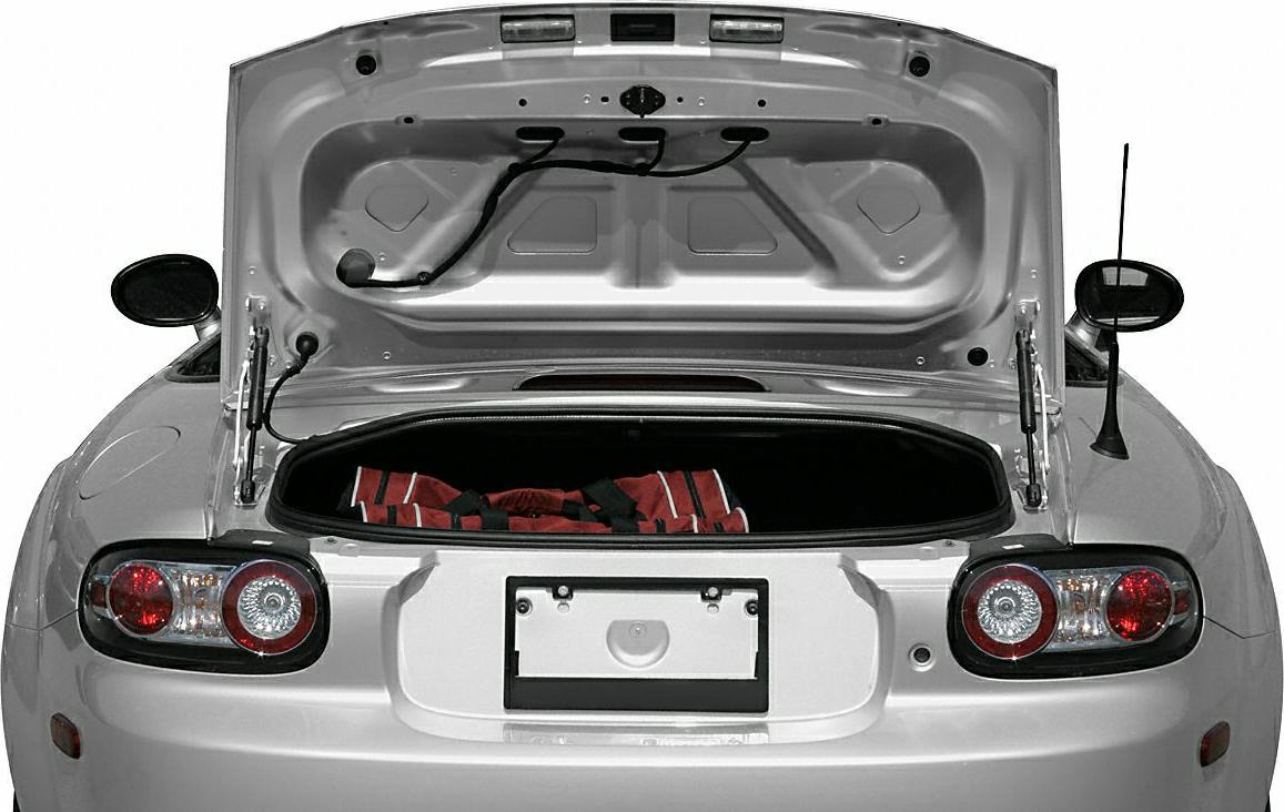 Open rear trunk with visible tail lights and interior compartment