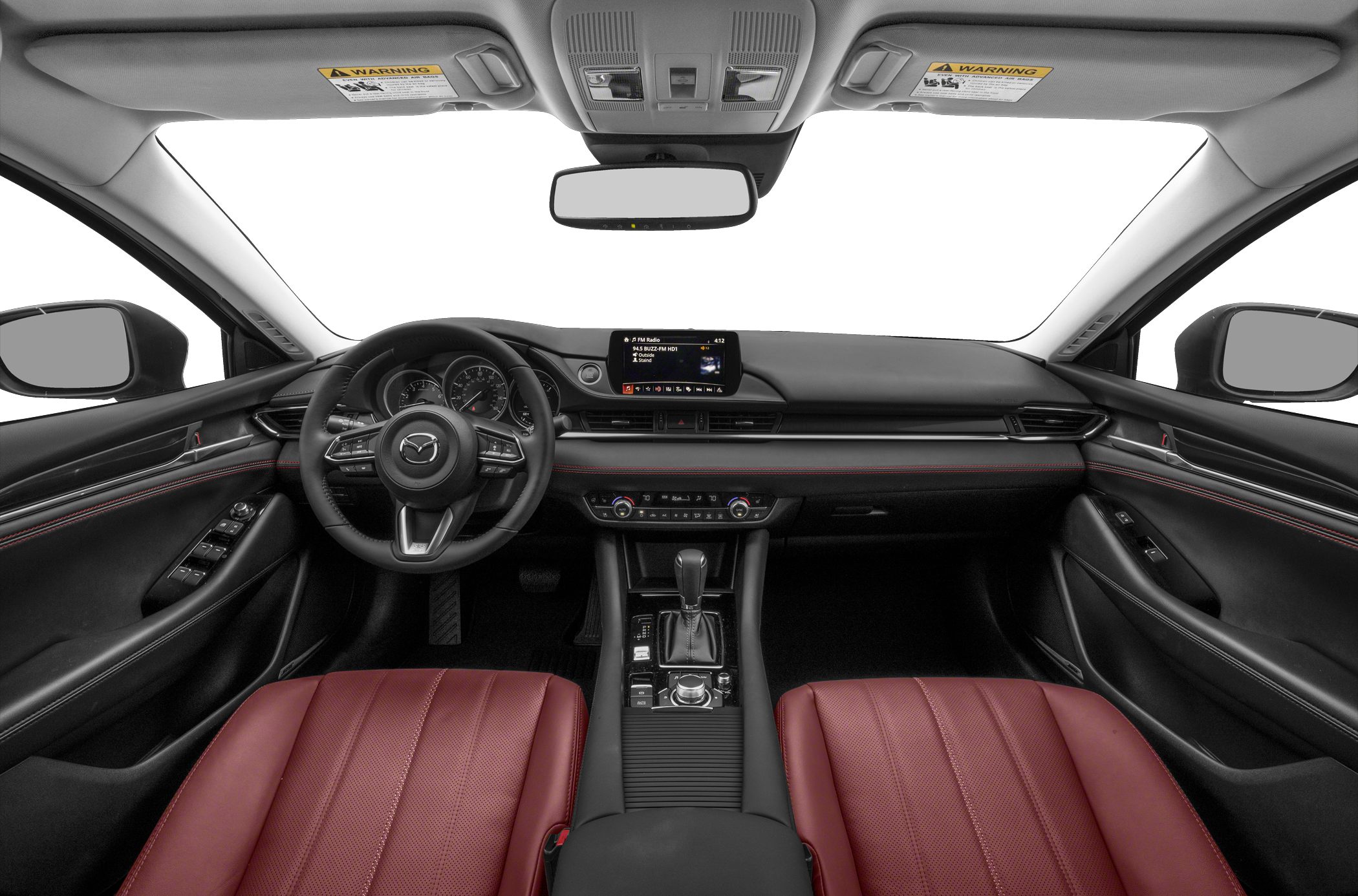 Dashboard, steering wheel, center console, red leather seats, dual climate control