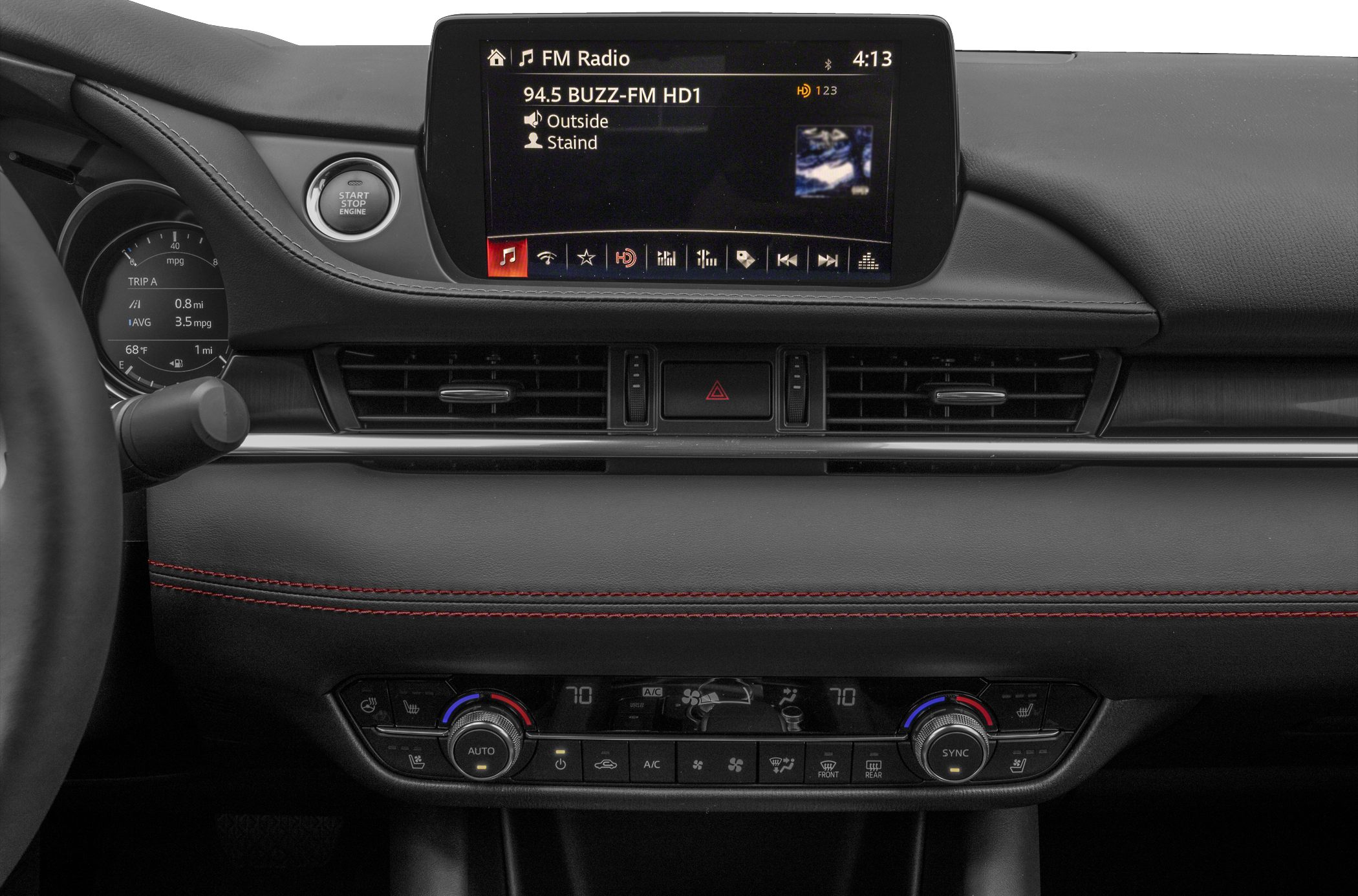 Car dashboard with infotainment screen and climate control panel