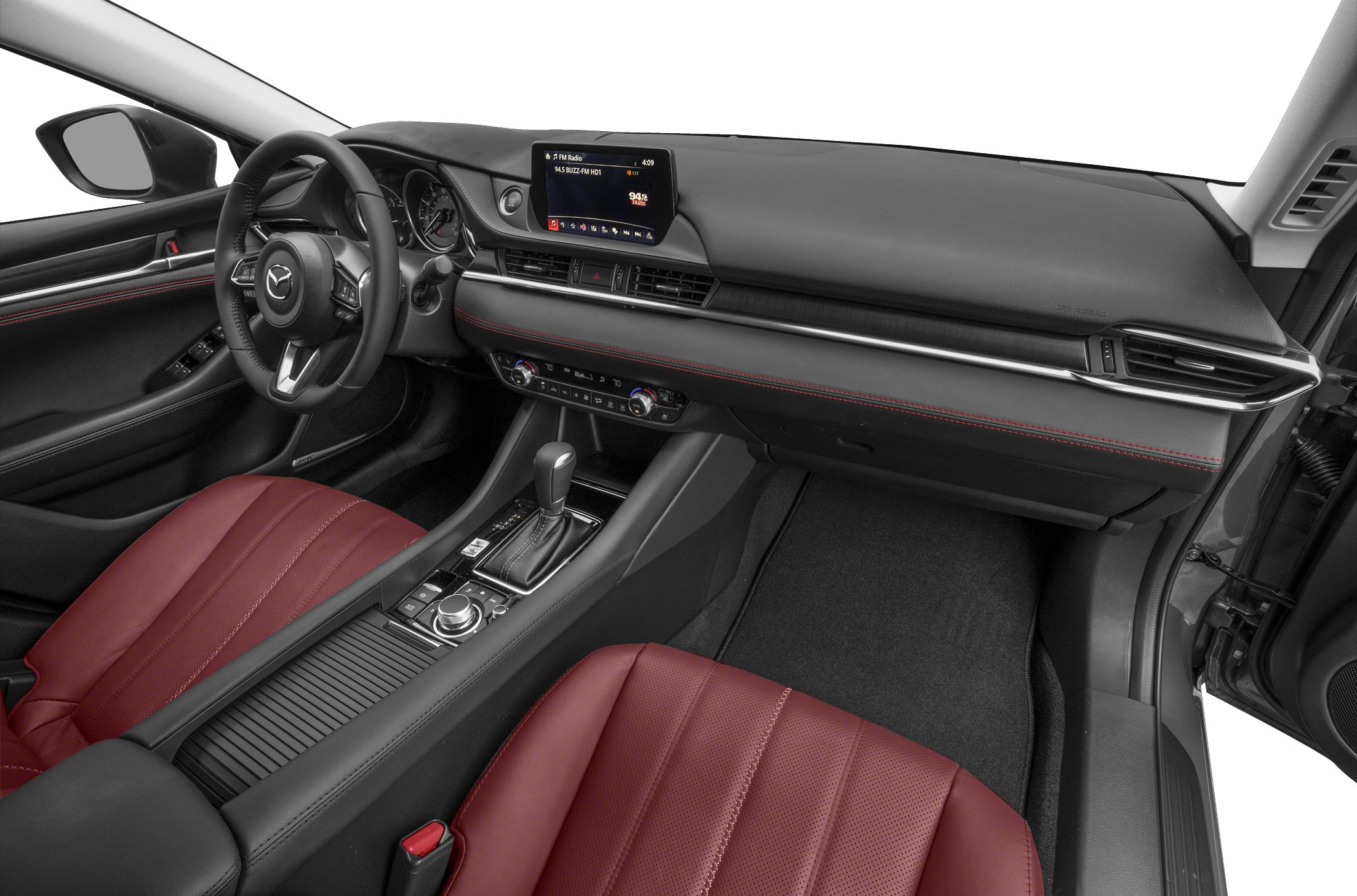 Red leather seats, touchscreen infotainment, modern car interior