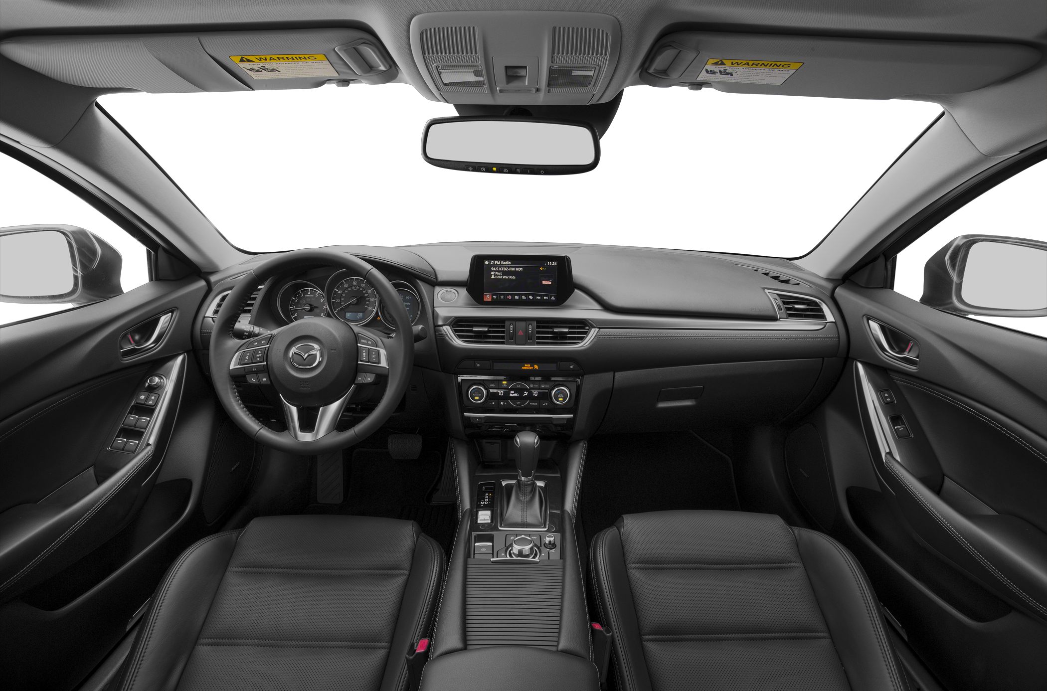 Modern car interior with dashboard, steering wheel, center console
