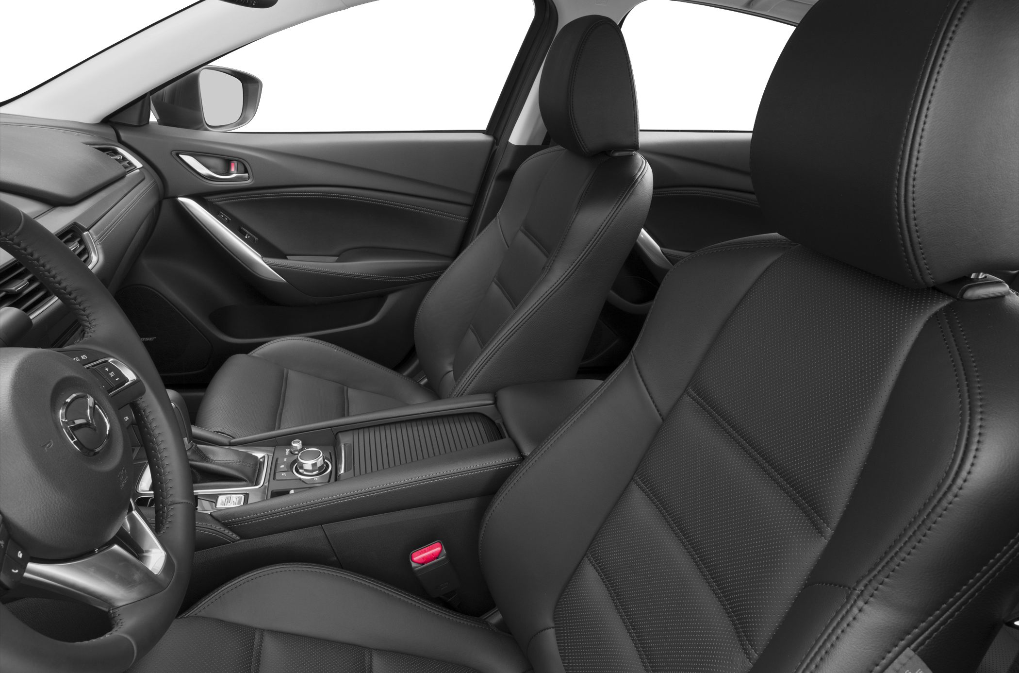 Leather front seats with detailed stitching and modern dashboard features