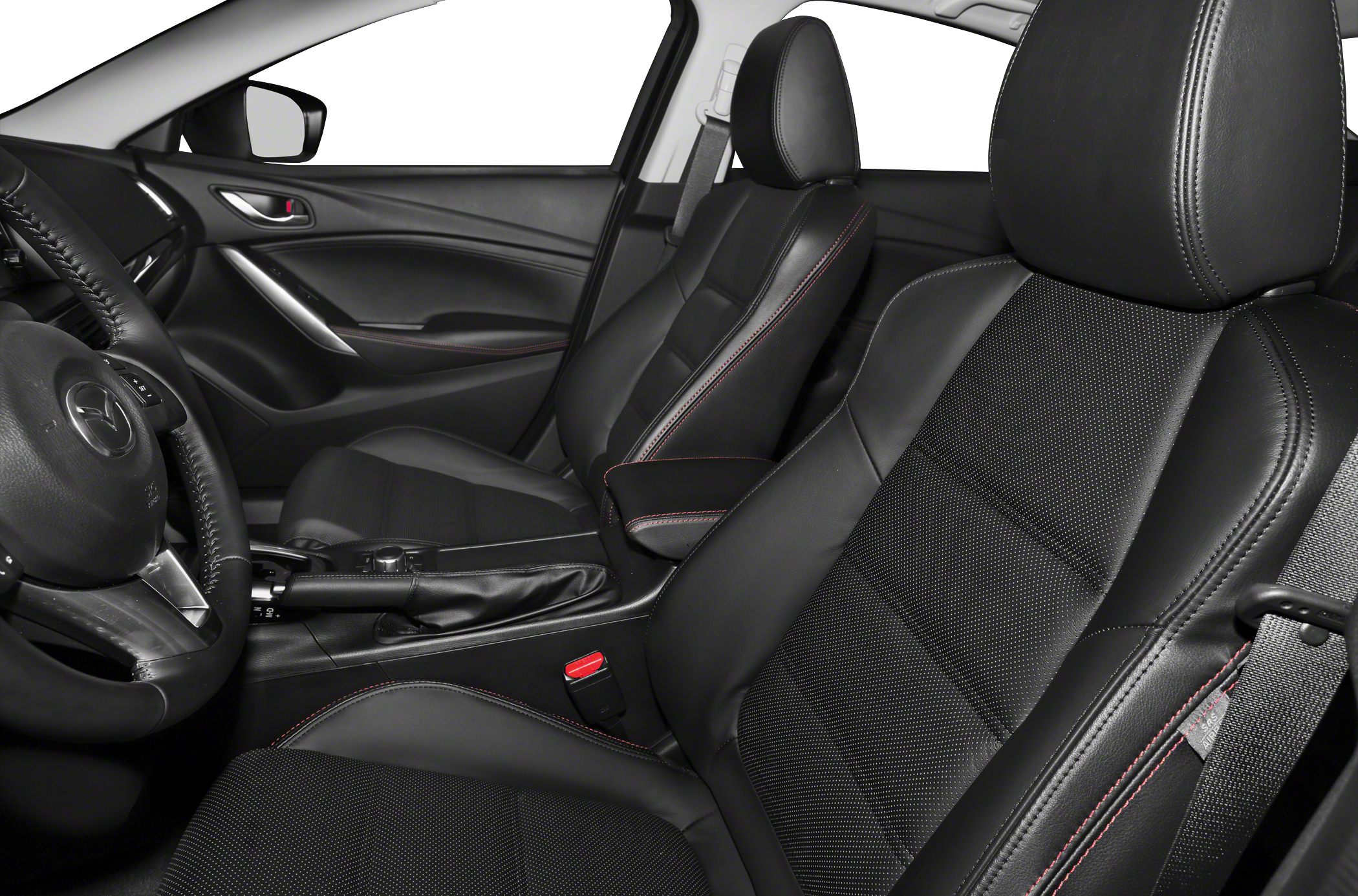 Black leather front seats with red stitching and door panel