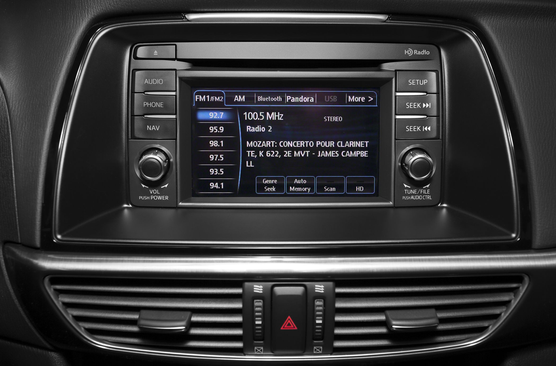 Car infotainment system with radio, Bluetooth, Pandora, and navigation controls