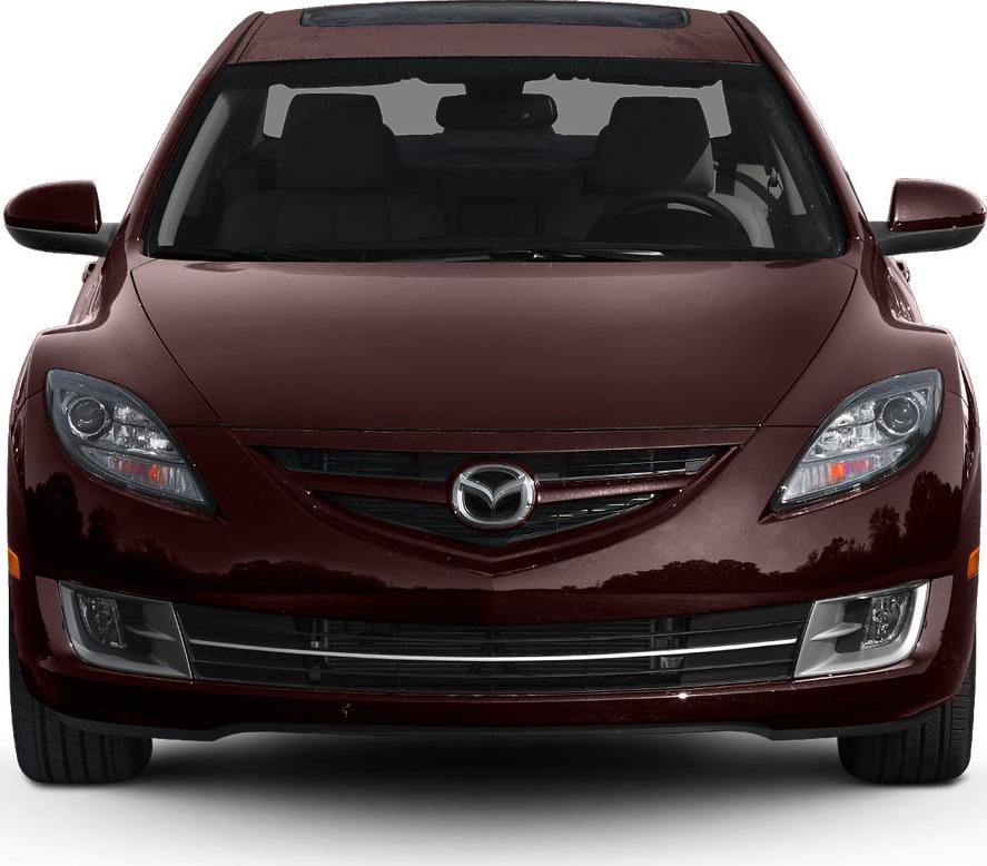 Front view focused on headlights, grille, and bumper of a burgundy sedan