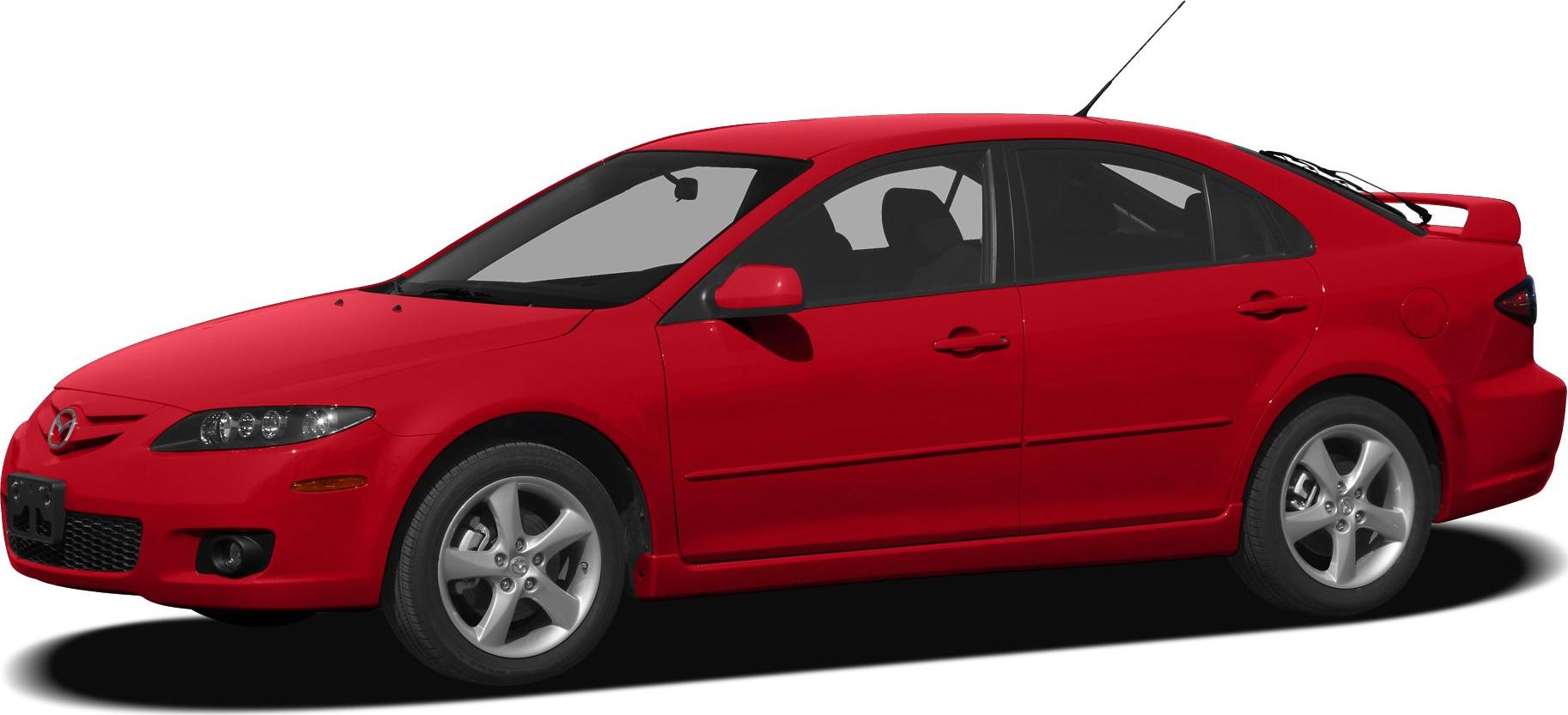 Red sporty sedan with rear spoiler and alloy wheels