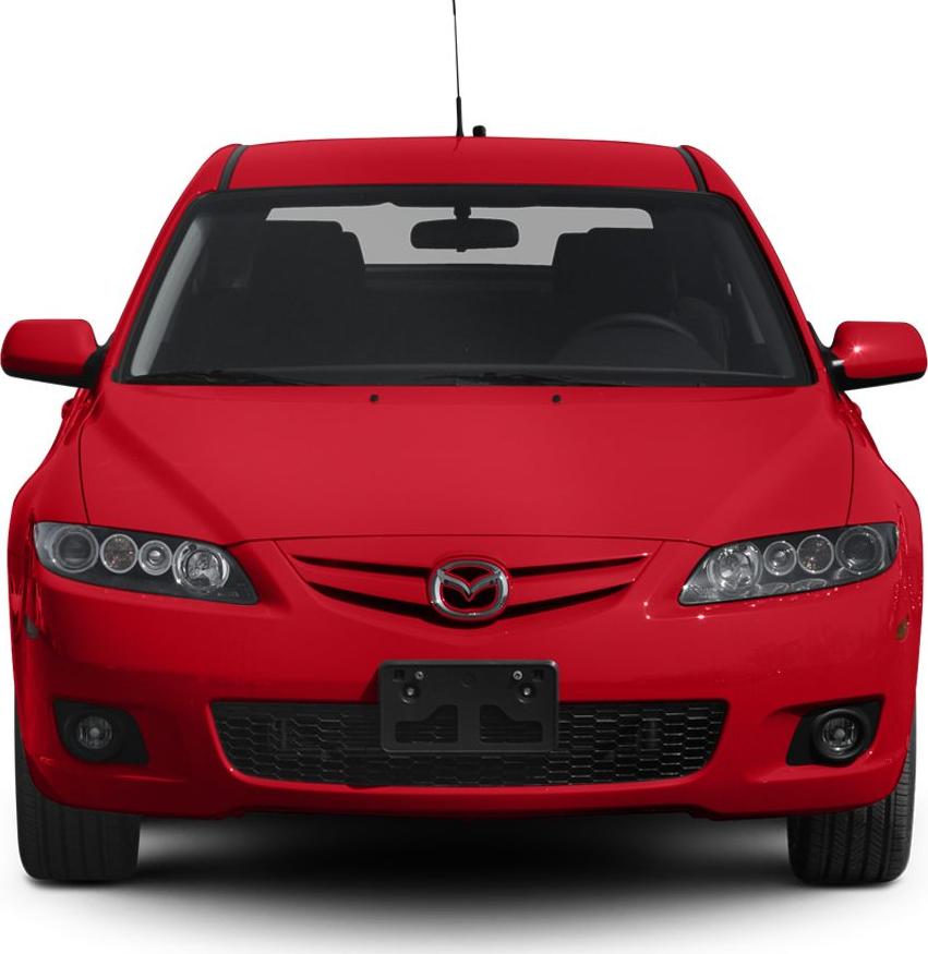 Red hatchback front with headlights and grille