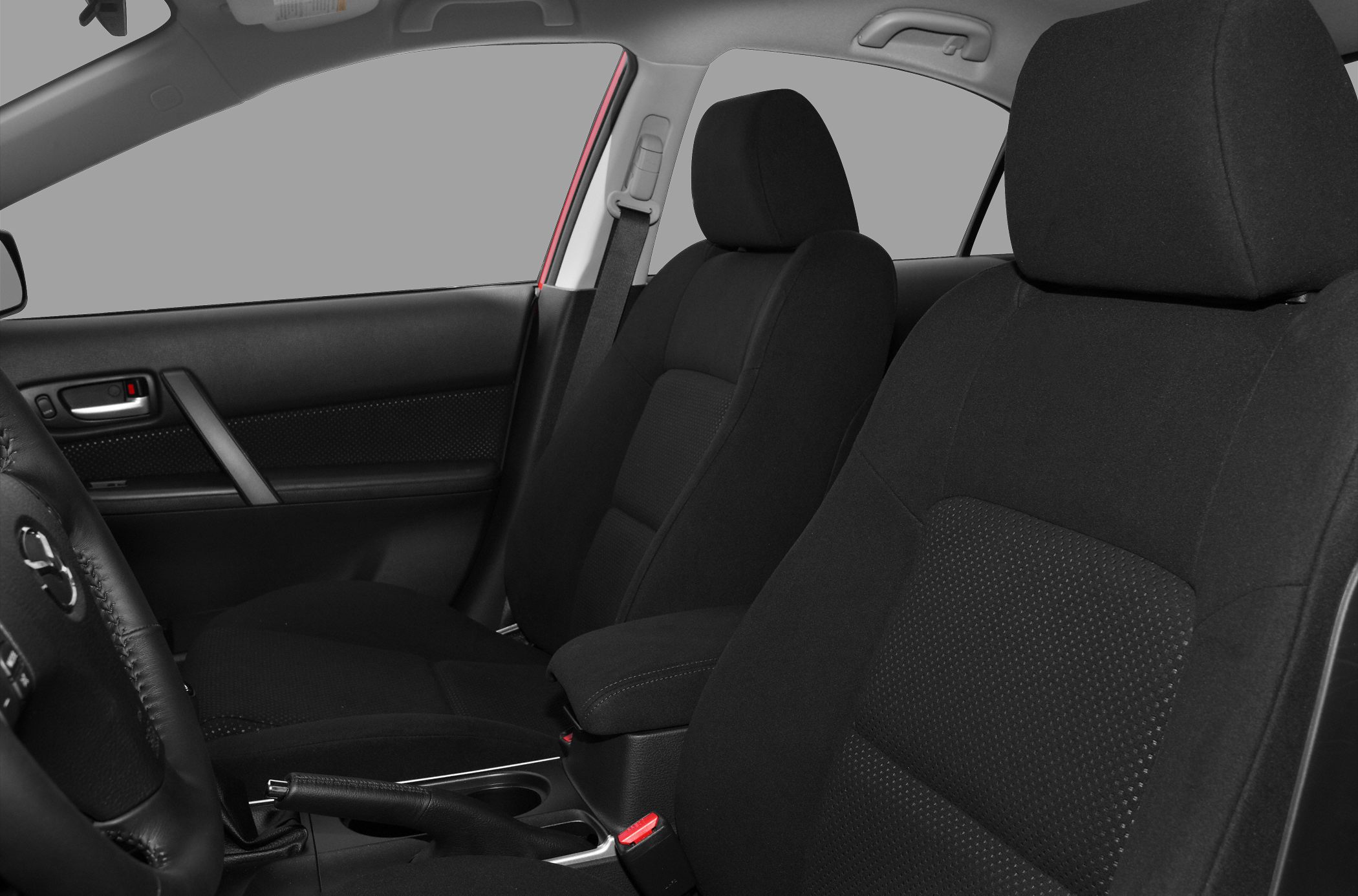 Black fabric front seats and center console with handbrake