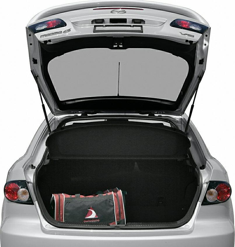 Open hatchback trunk with visible cargo bag inside