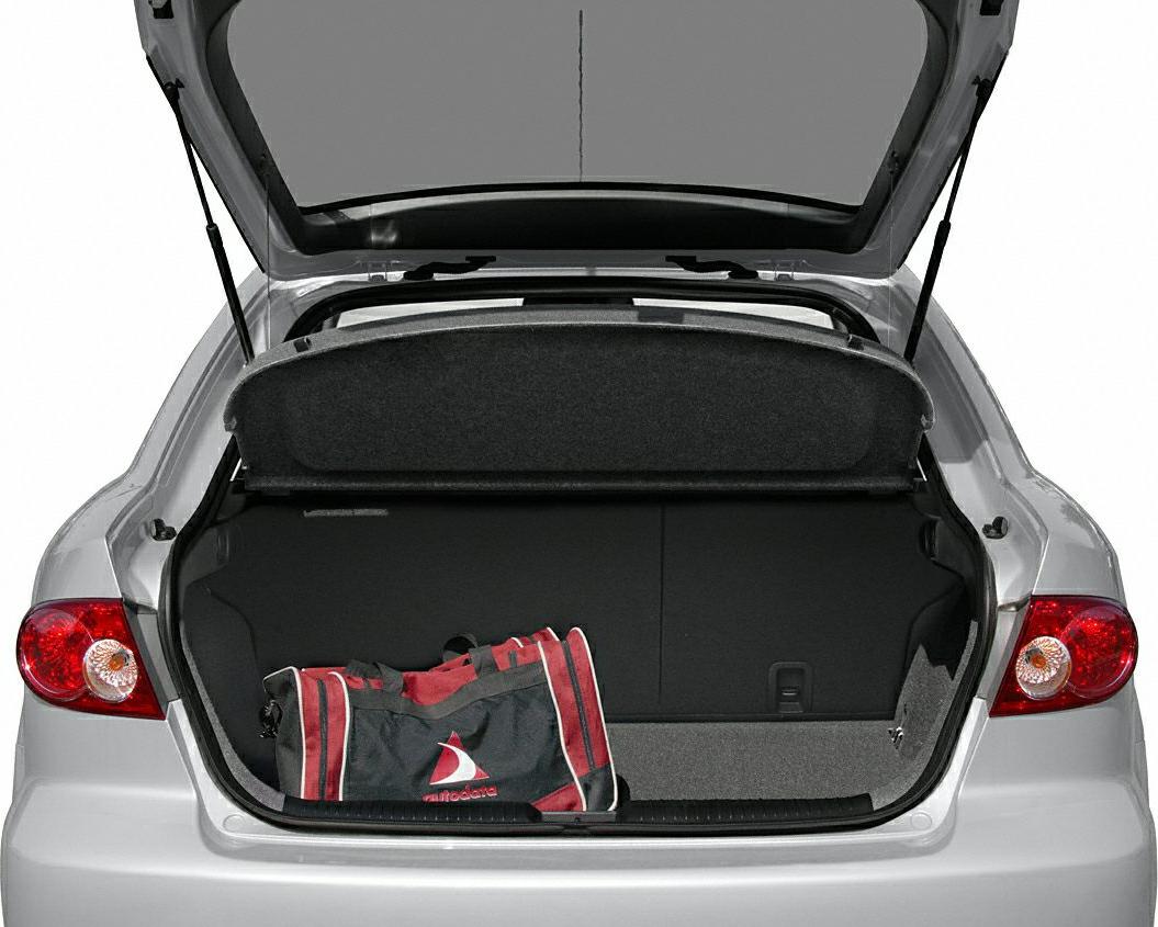Open hatchback trunk with visible cargo space and a duffel bag