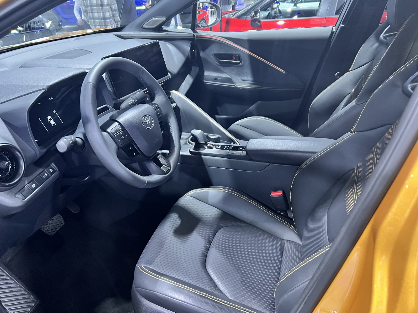 Modern dashboard and leather seats with contrast stitching