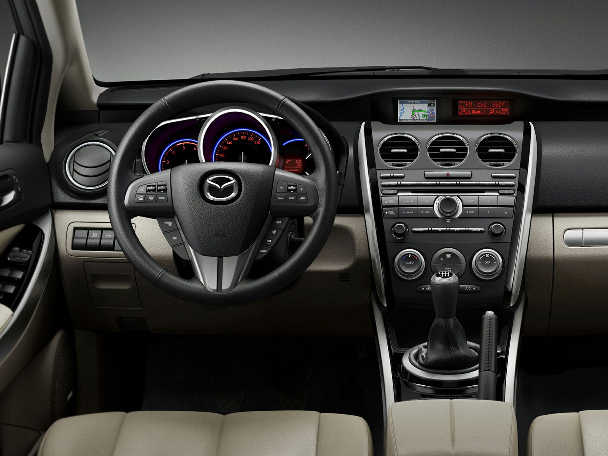 Dashboard and steering wheel with manual gearbox in mid-size SUV interior