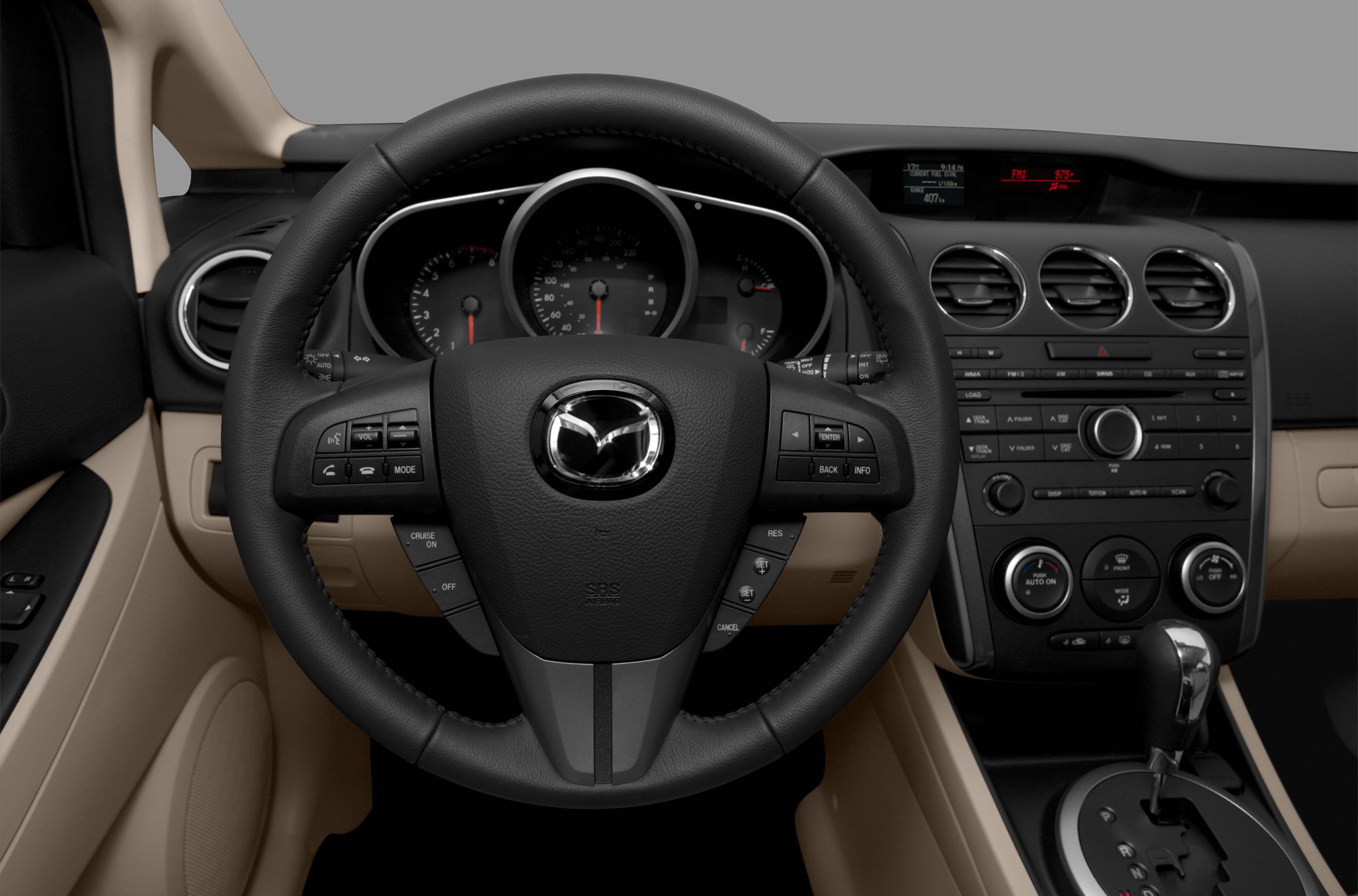 Steering wheel, instrument cluster, and center console with controls
