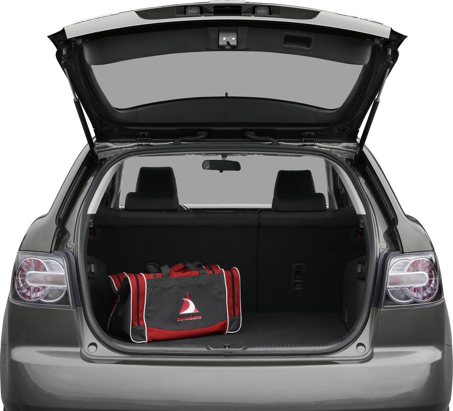 Open rear hatchback showing spacious cargo area with a duffel bag inside
